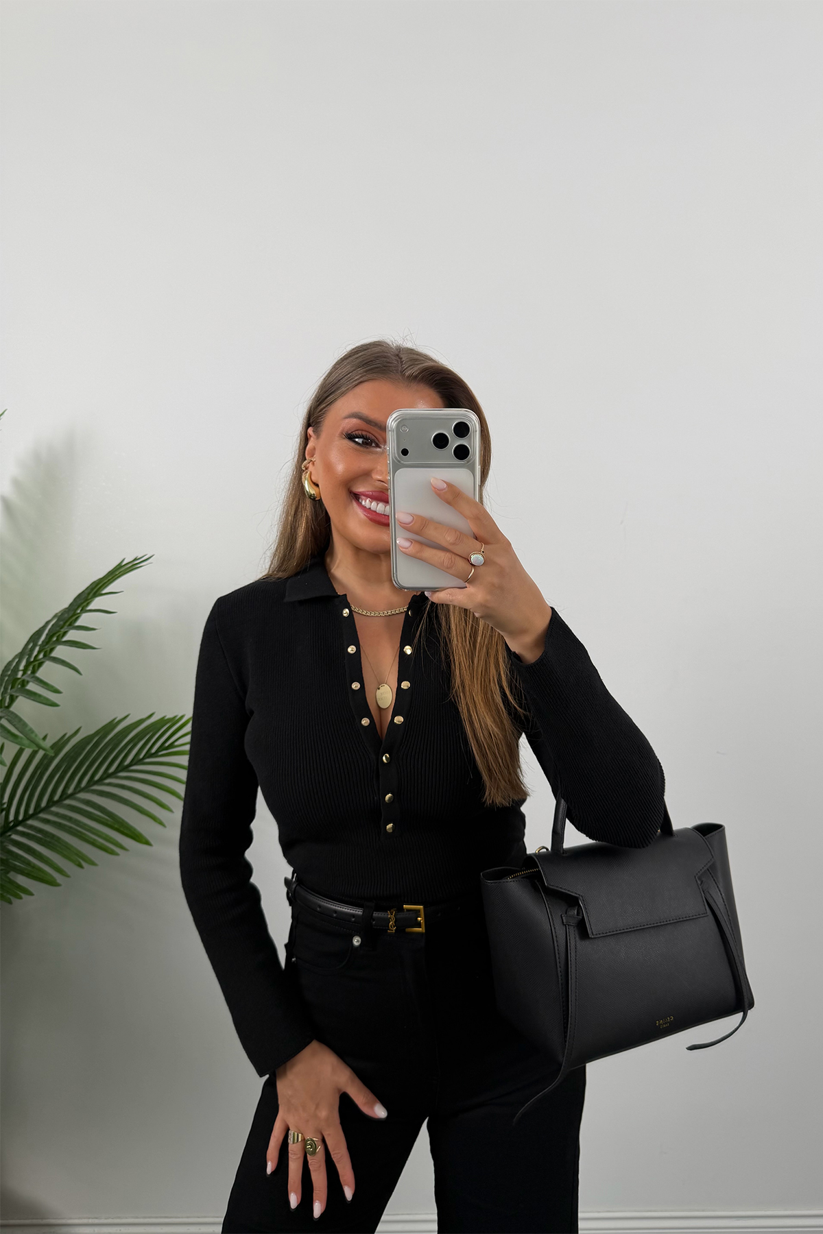 Lüx Kalite Polo Yaka Gold Çıtçıtlı Basic Çelik Triko Siyah