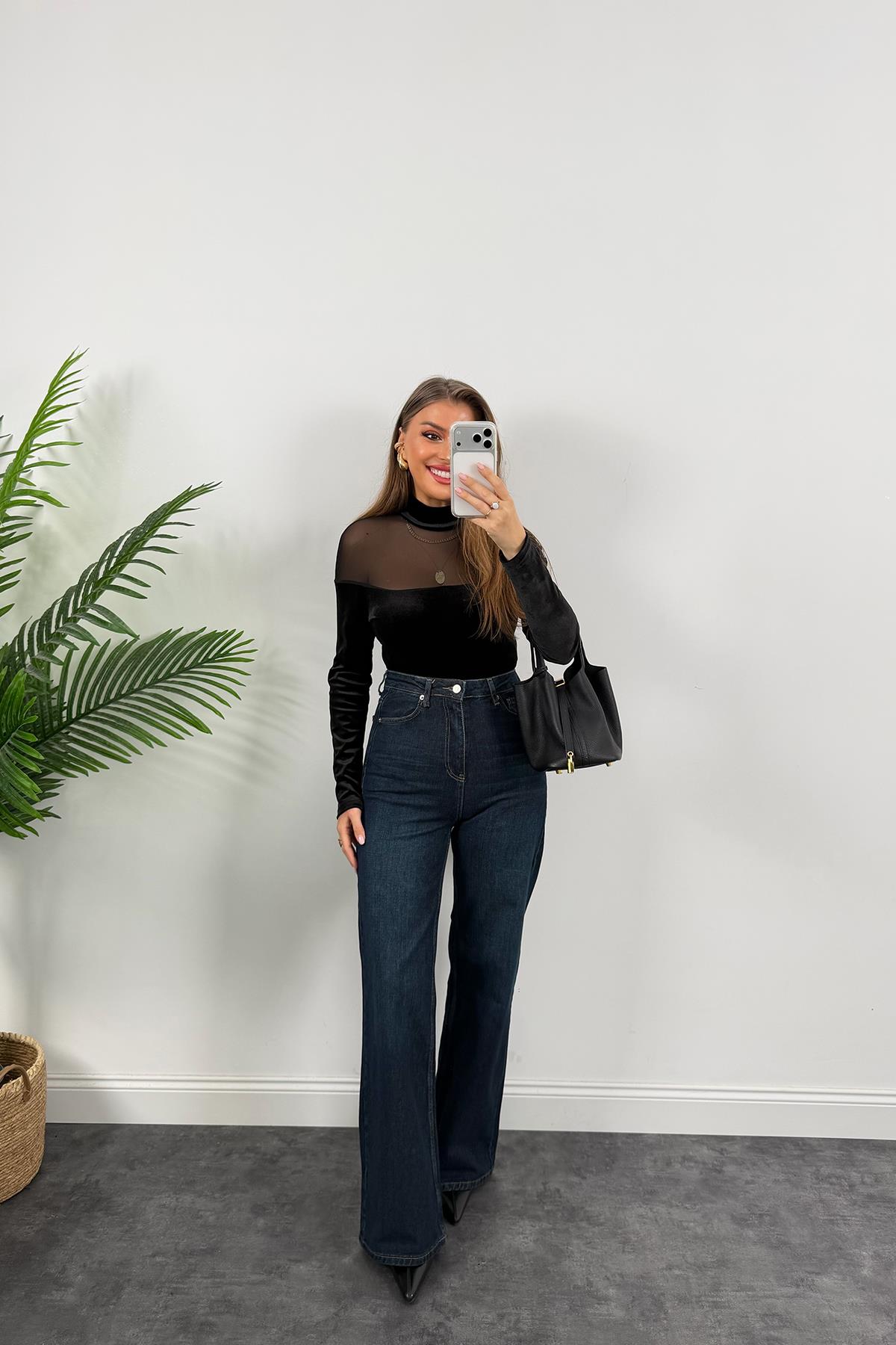 Lüx Kalite Transparan Detaylı Tasarım Kadife Bodysuit