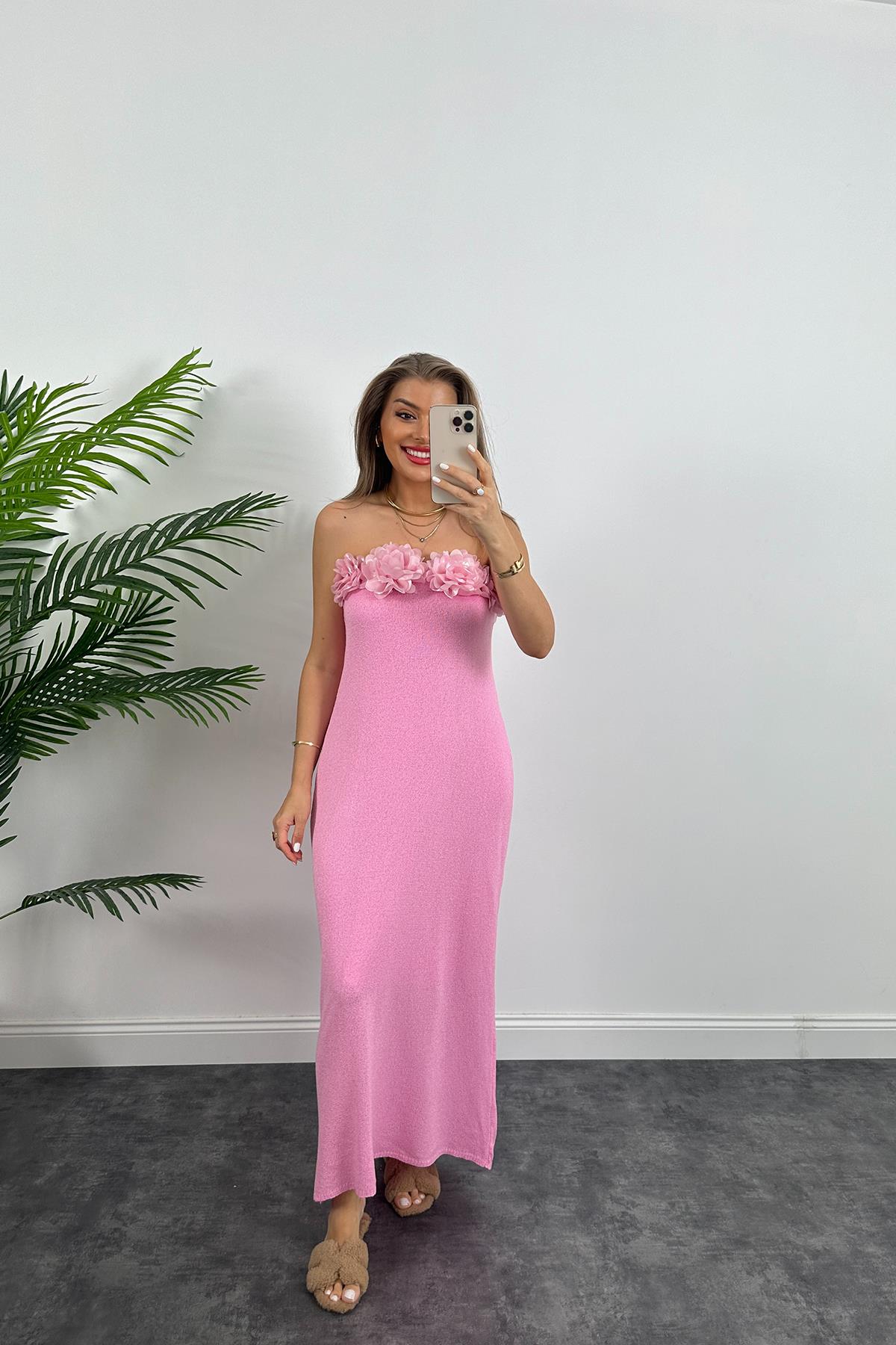 Lüx Kalite Yakası Çiçekli Likralı Tasarım Örme Elbise  Pembe