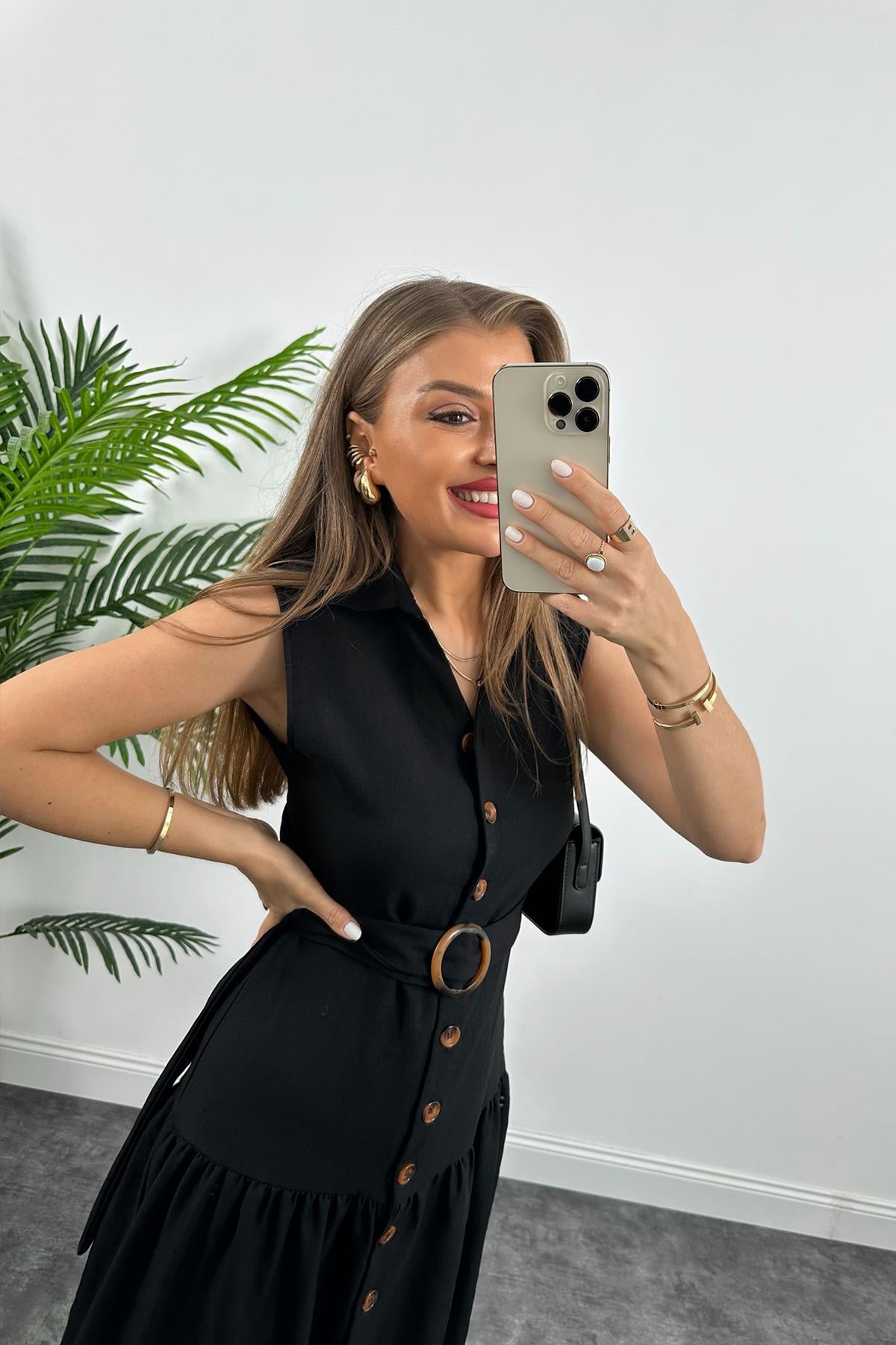 Mango Model Düğmeli Kemerli Keten Elbise Siyah