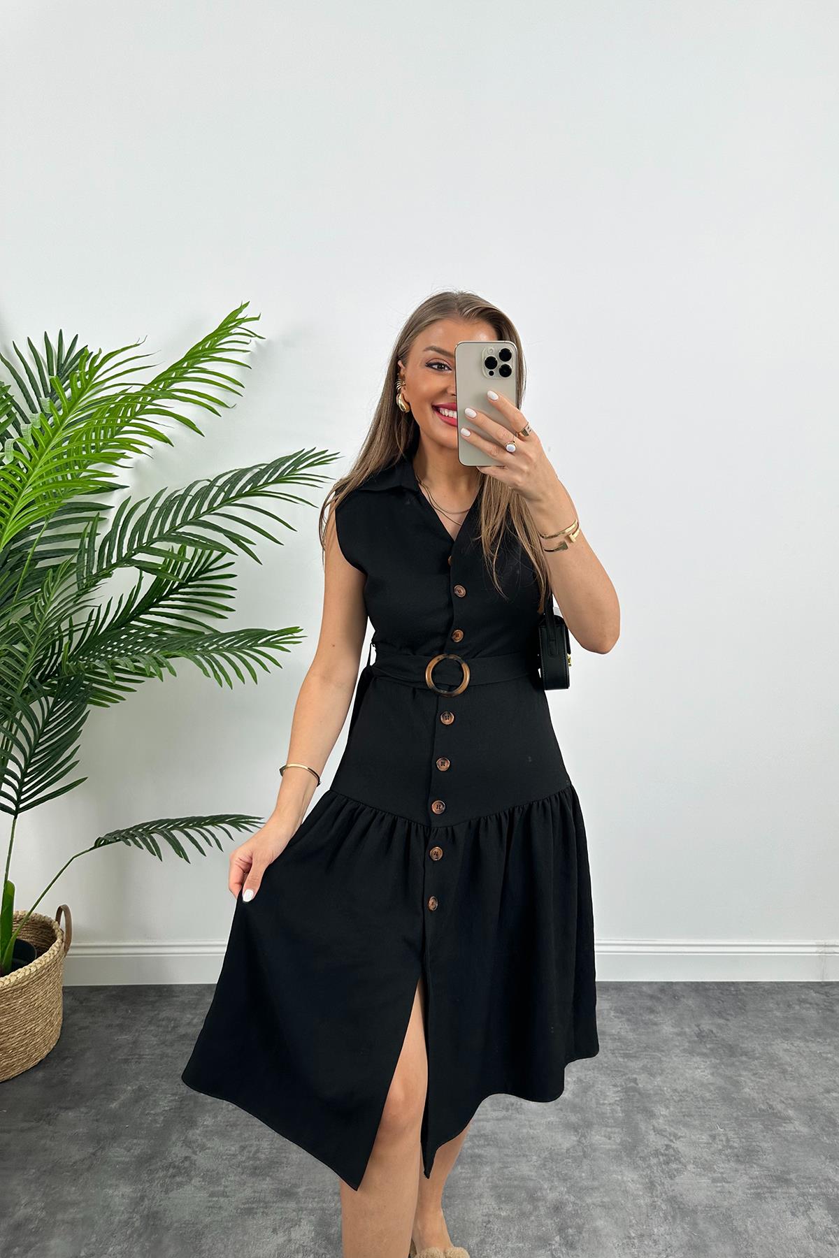 Mango Model Düğmeli Kemerli Keten Elbise Siyah