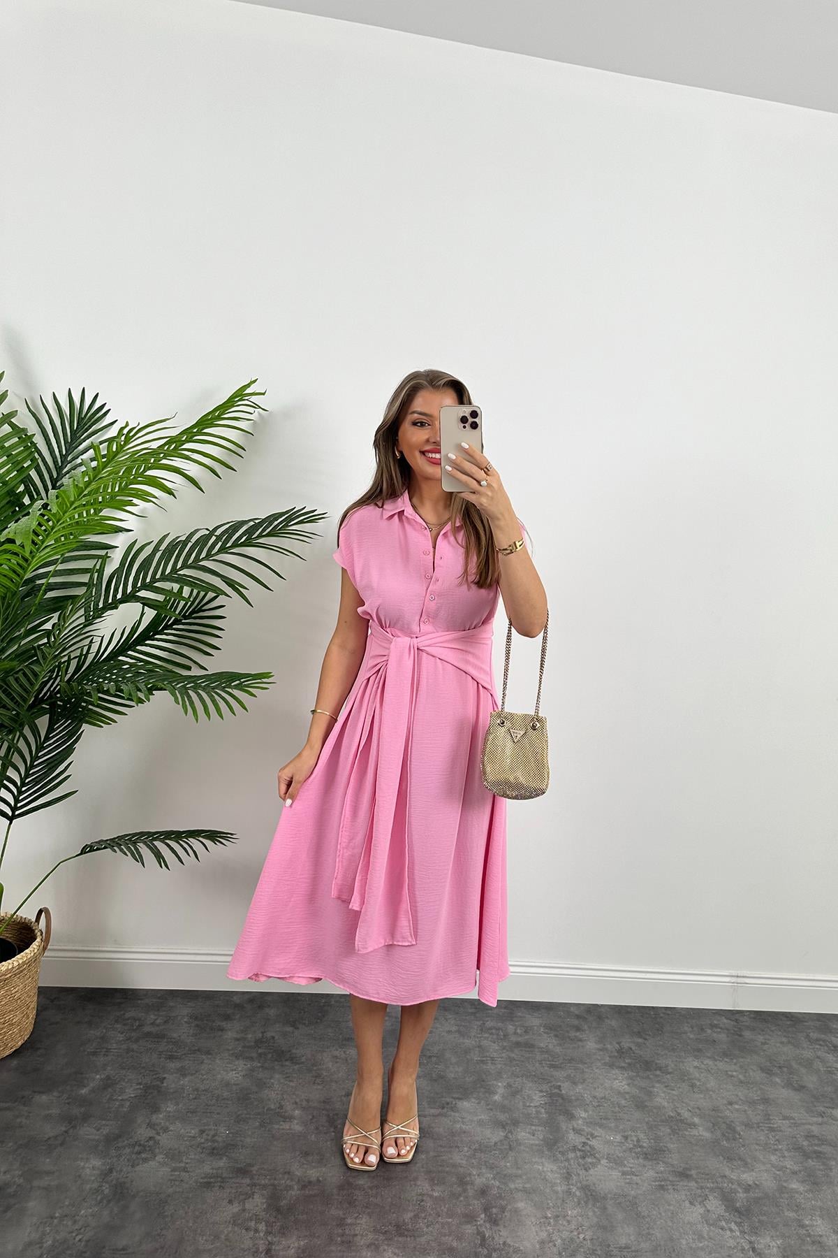 Marka Model Beli Kuşakli Midi Boy Kloş Elbise Şeker Pembe