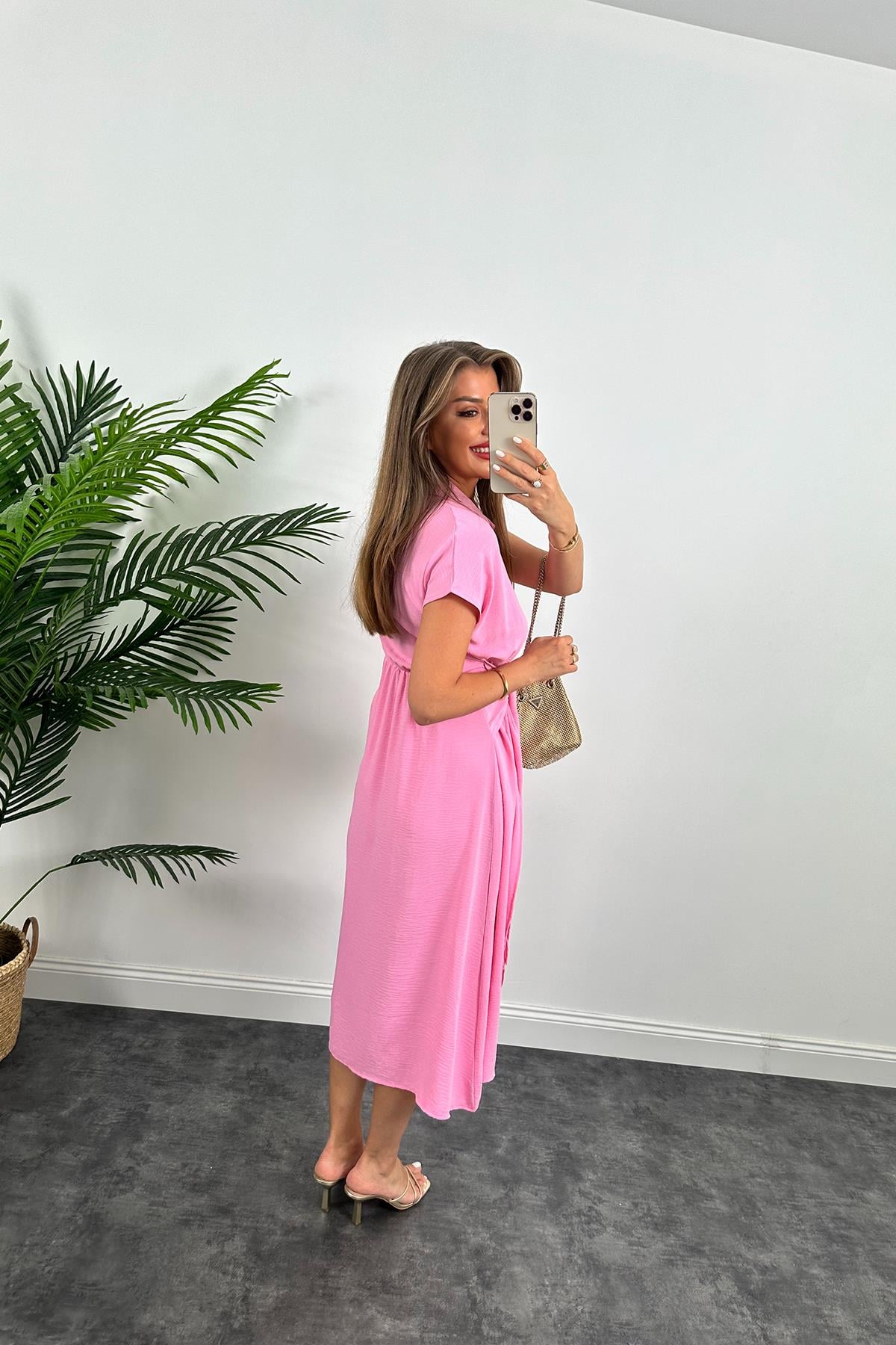 Marka Model Beli Kuşakli Midi Boy Kloş Elbise Şeker Pembe