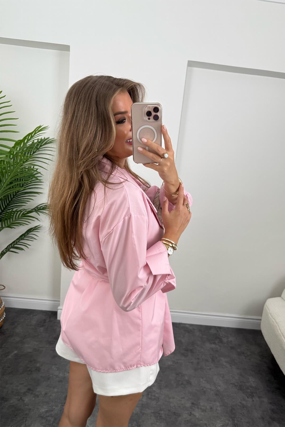 Marka Model Kruvaze Kuşaklı Tasarım Poplin Gömlek Pembe