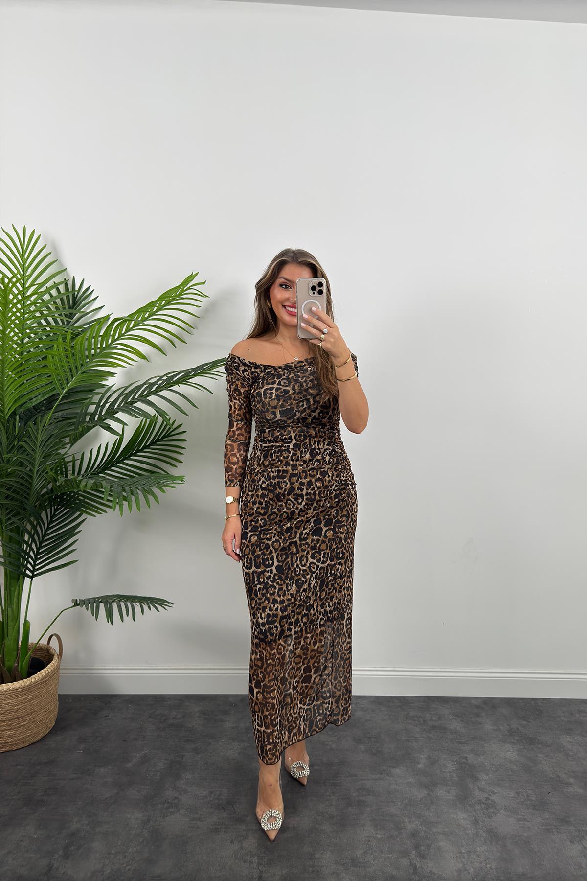 Marka Model Likralı Leopar Tül Elbise