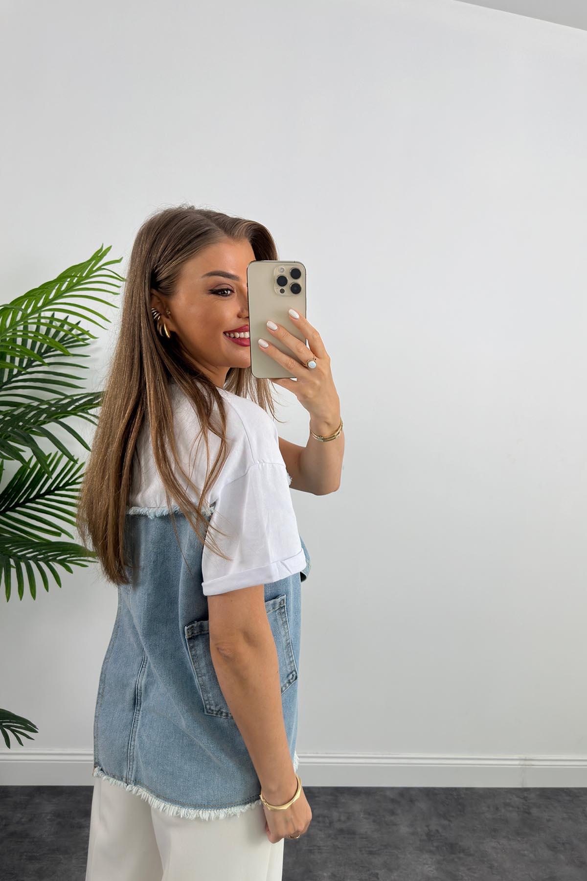 Marka Model Lüx Kalite Jean Mixli Bluz Beyaz