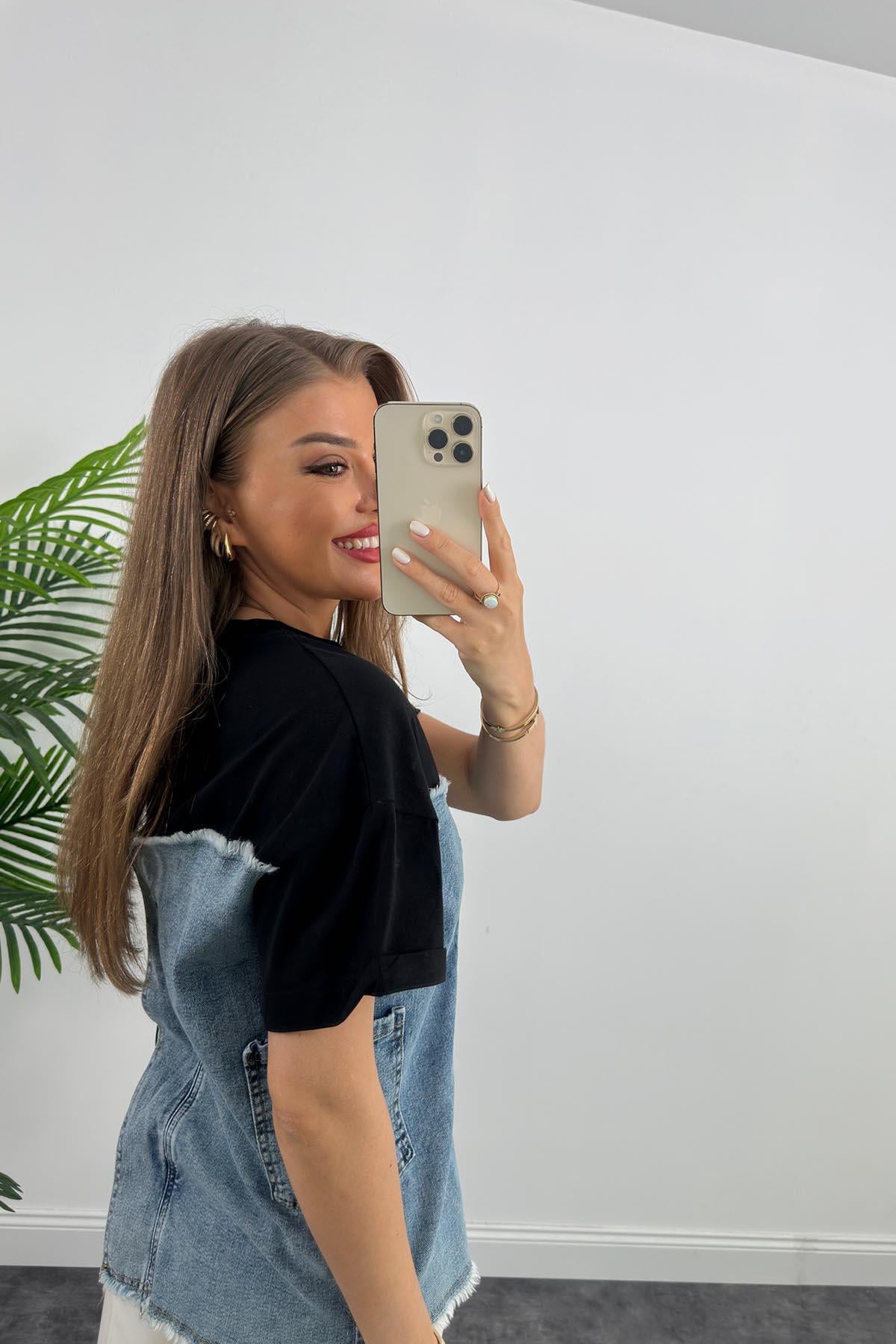 Marka Model Lüx Kalite Jean Mixli Bluz Siyah