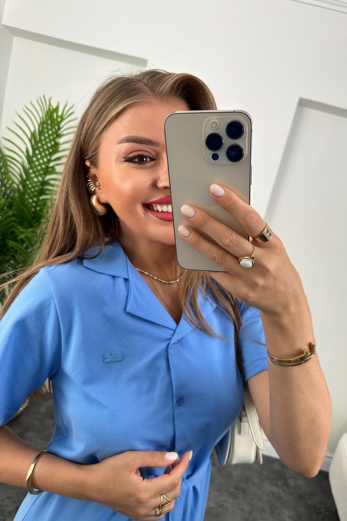 Marka Model Lüx Kalite Polo Yaka Kuşaklı Basic Elbise İndigo Mavi