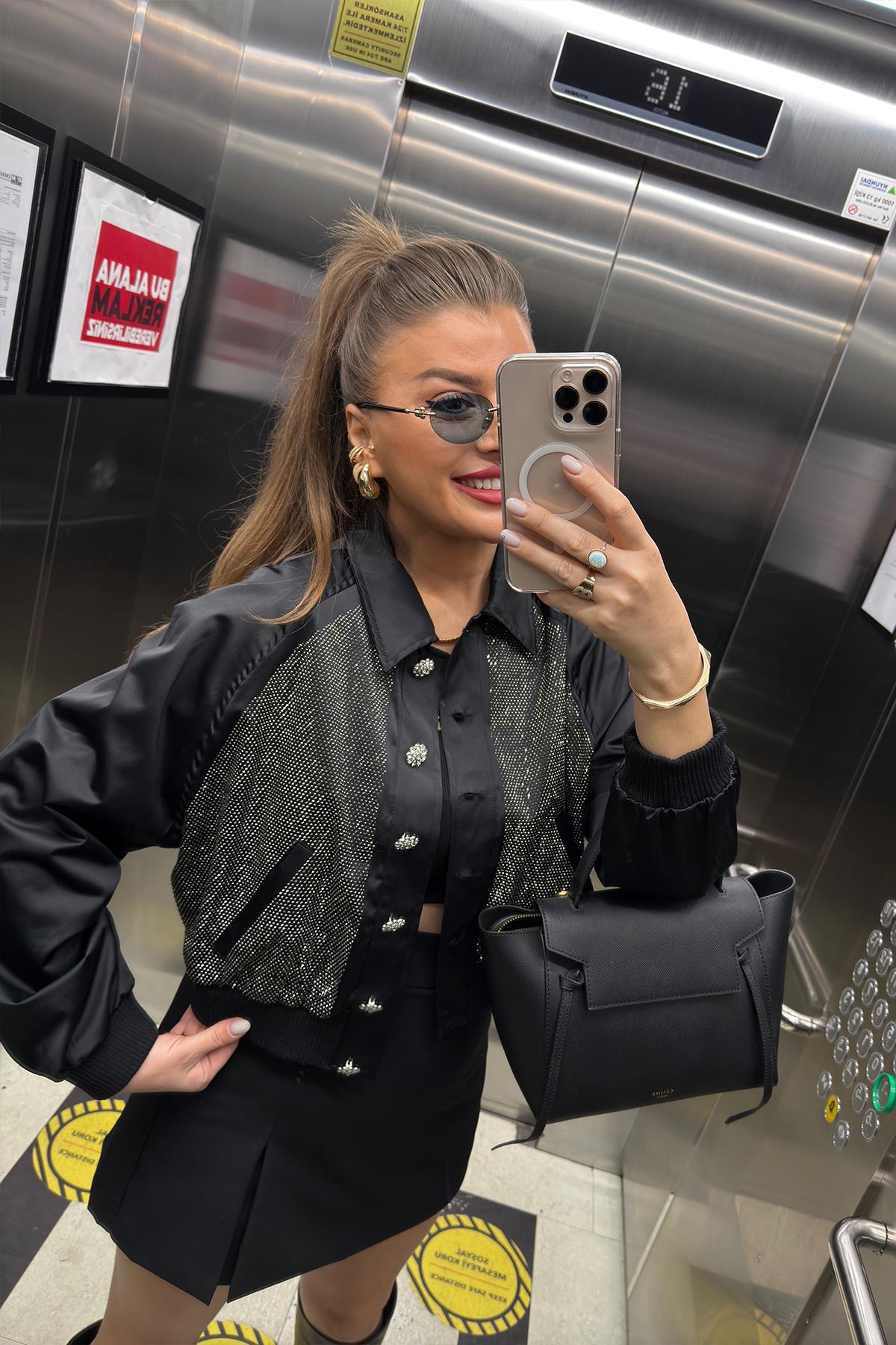 Marka Model Lüx Kalite Taşlı Tasarım Diamond Bomber Ceket