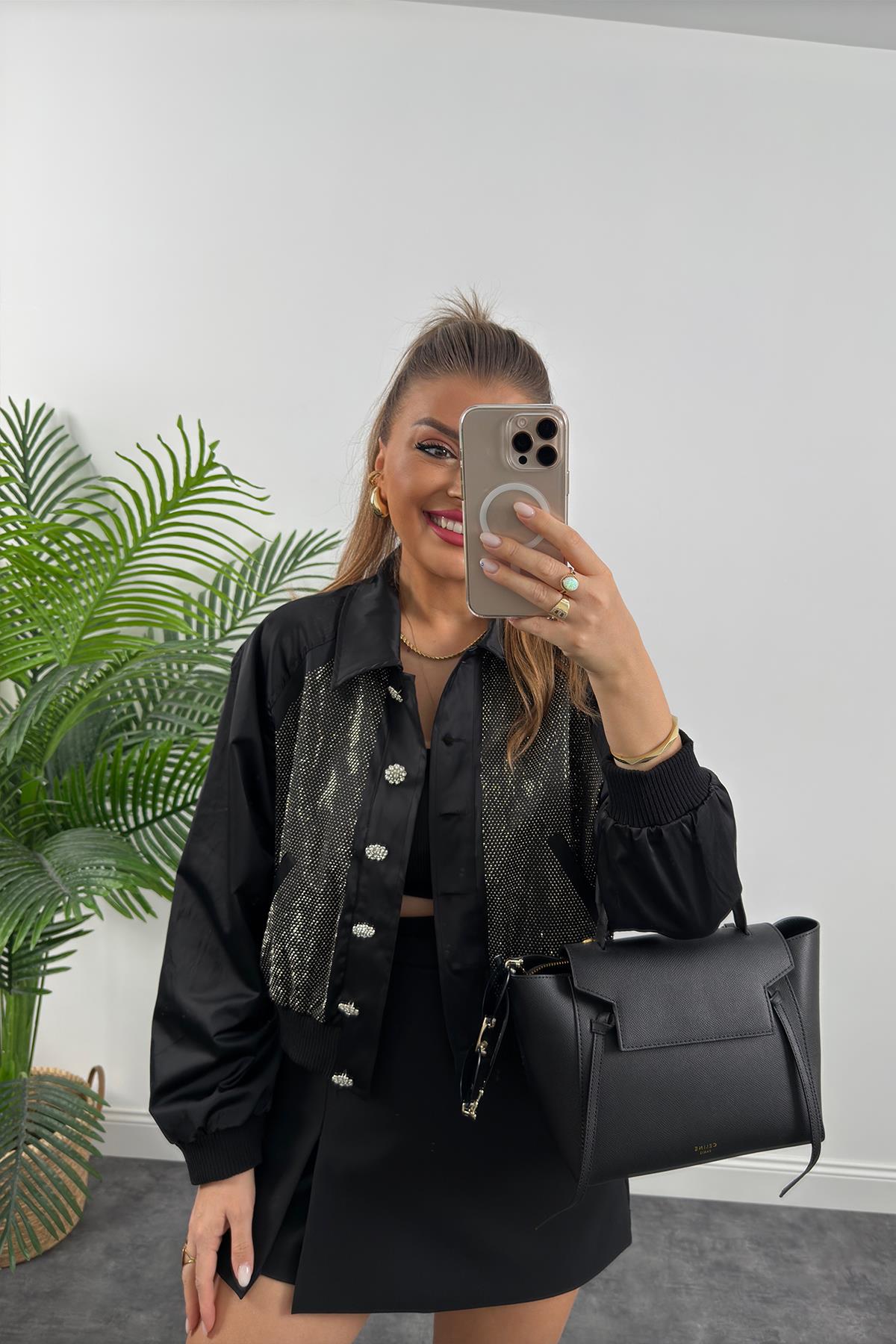 Marka Model Lüx Kalite Taşlı Tasarım Diamond Bomber Ceket