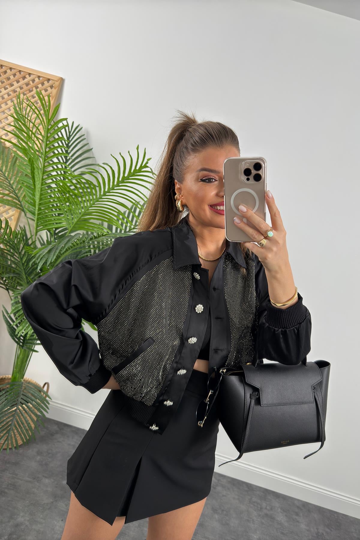 Marka Model Lüx Kalite Taşlı Tasarım Diamond Bomber Ceket