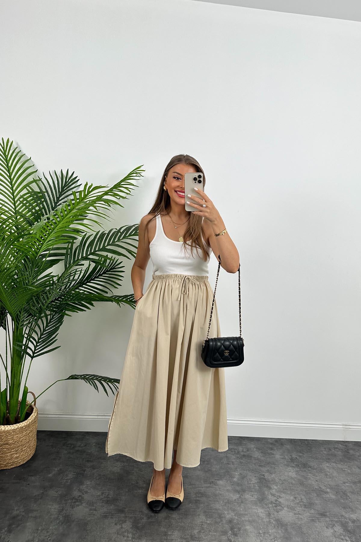 Marka Model Maxi Boy Beli İpli Yırtmaçlı Basic Poplin Etek Bej