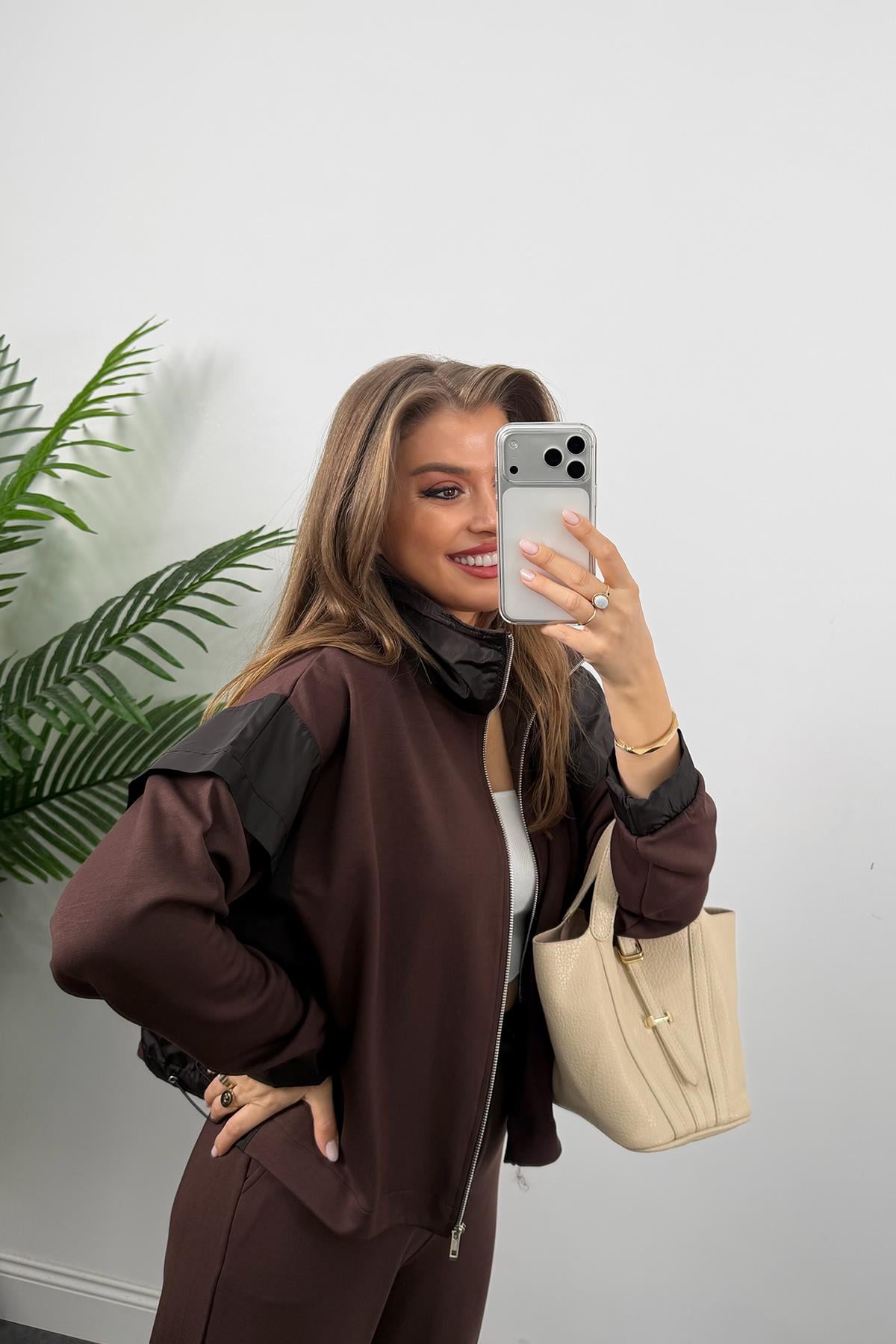 Marka Model Paraşüt Detaylı Oysh Kumaş Takım Acı Kahve