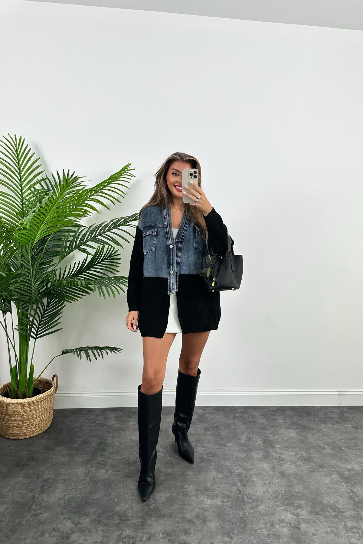 Marka Model  Üstü Mavi Jeanli Triko Mixli Tasarım Ceket  Siyah