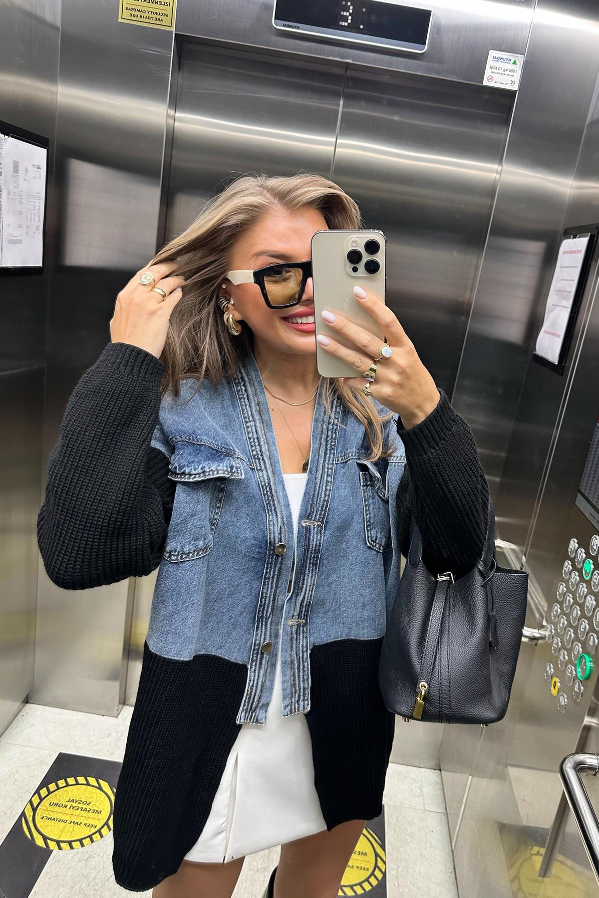 Marka Model  Üstü Mavi Jeanli Triko Mixli Tasarım Ceket  Siyah