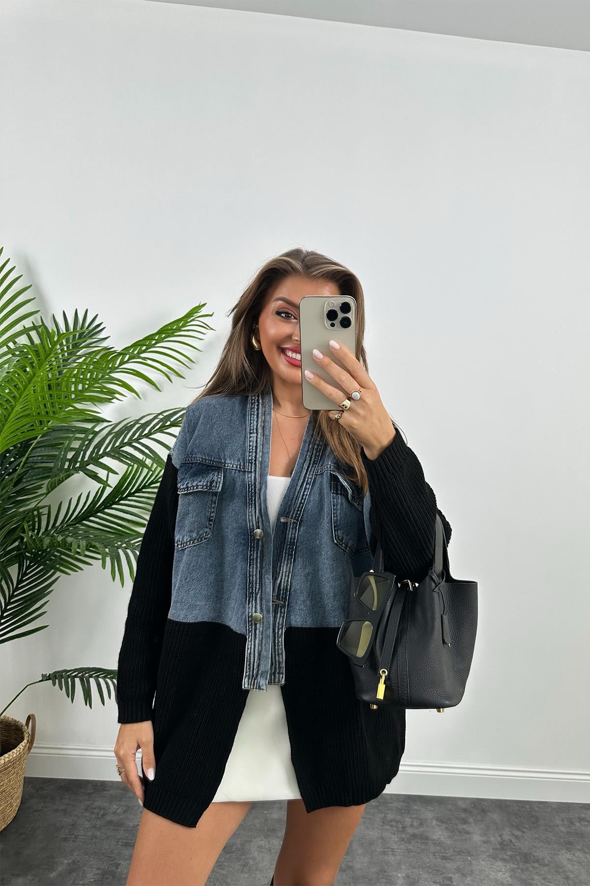 Marka Model  Üstü Mavi Jeanli Triko Mixli Tasarım Ceket  Siyah