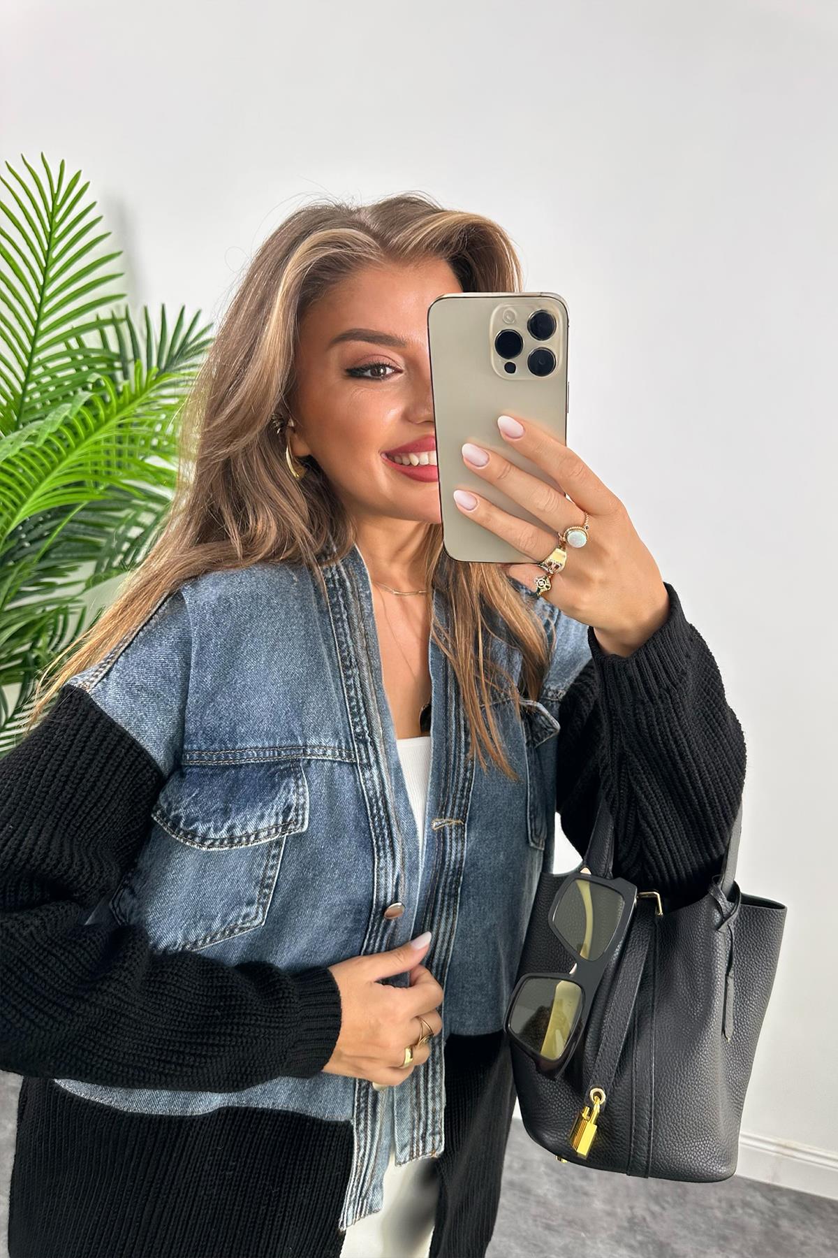 Marka Model  Üstü Mavi Jeanli Triko Mixli Tasarım Ceket  Siyah