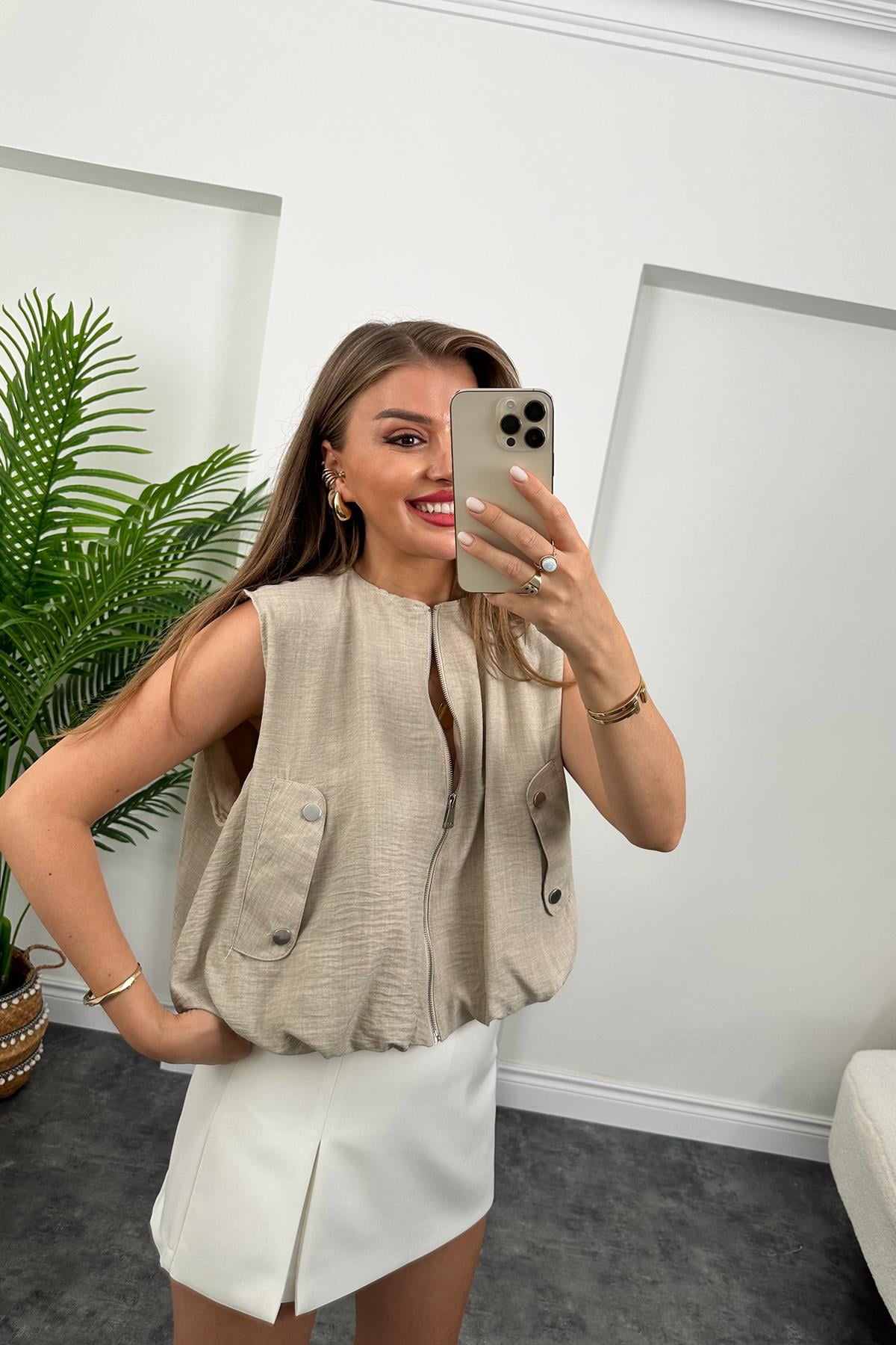 Marka Model Yazlık Keten Kumaş Bomber Yelek  Taş