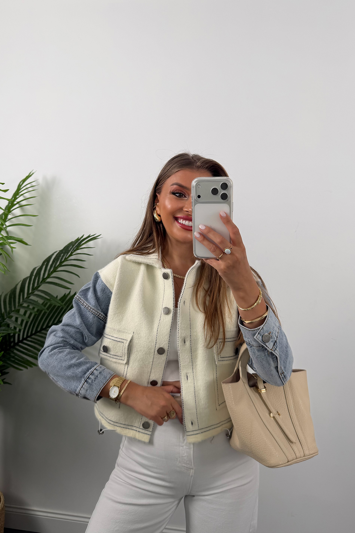 Massi Model Kolu Jean Yumoş Triko Ceket Krem