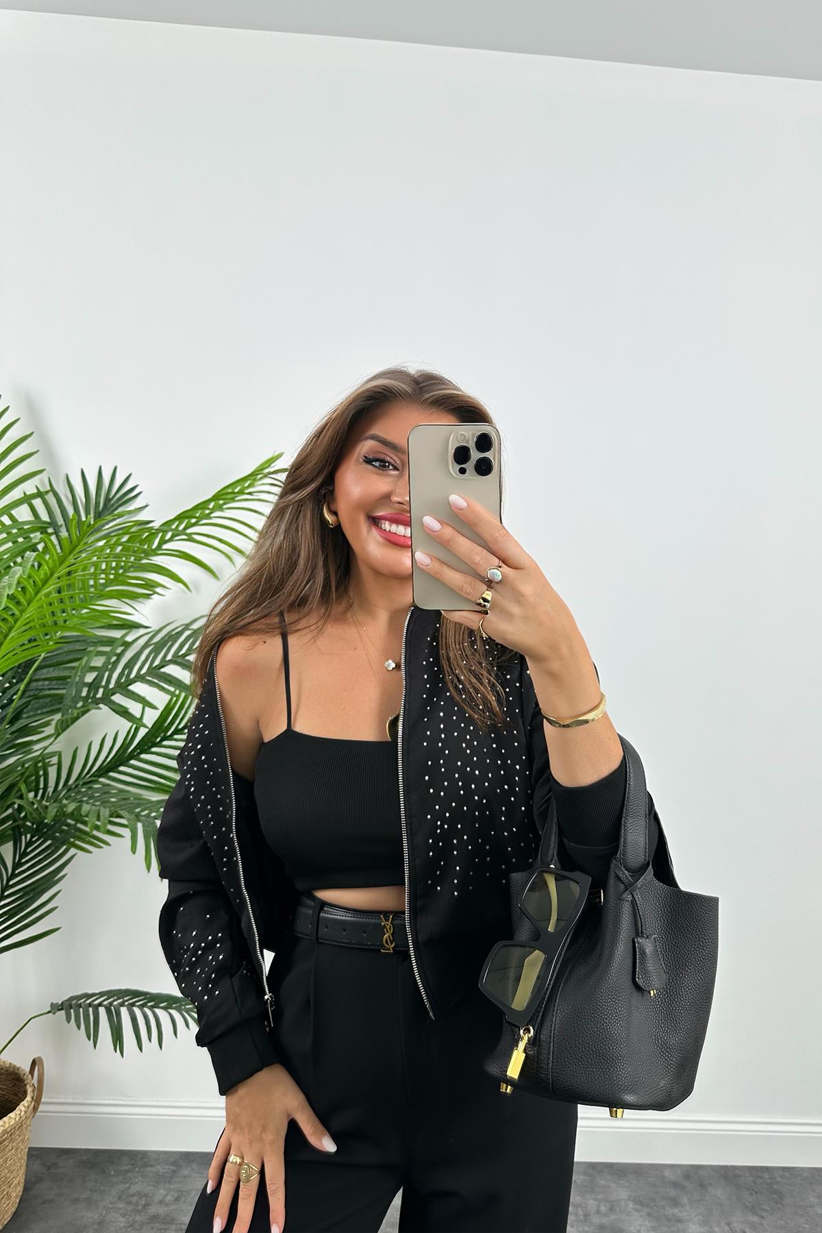 Massi Model Krep Kumaş Astarlı Taşlı Tasarım Bomber Ceket