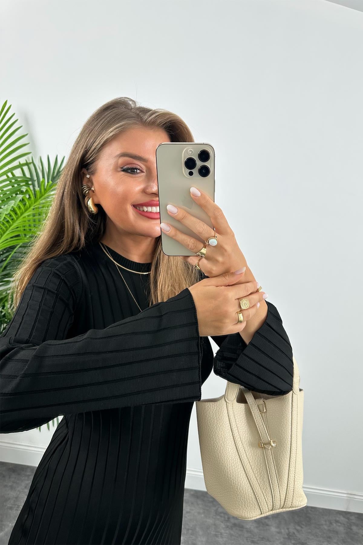 Massi Model Lüx Kalite Merserize Triko Elbise Siyah 