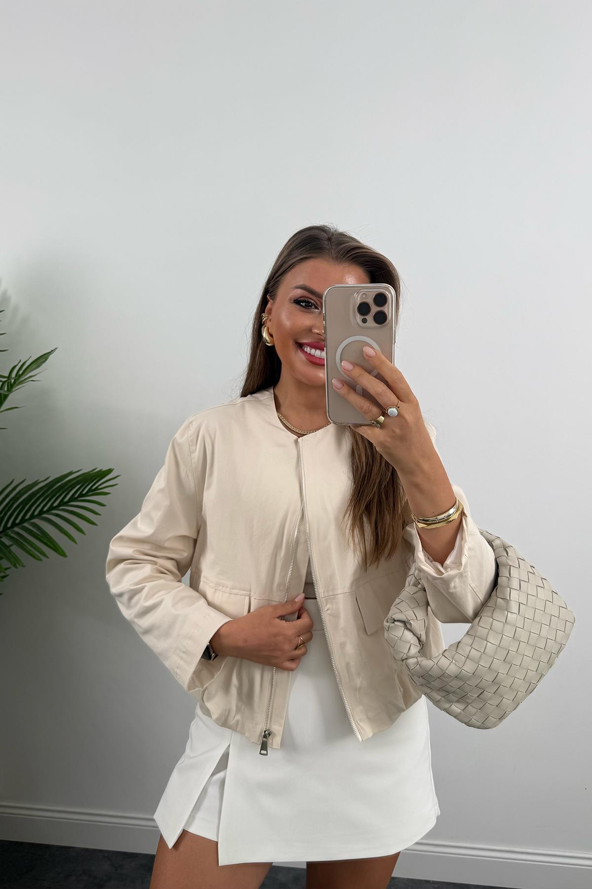 Massi Model Pamuk Gabardin Eteği Büzgülü Bomber Ceket Taş