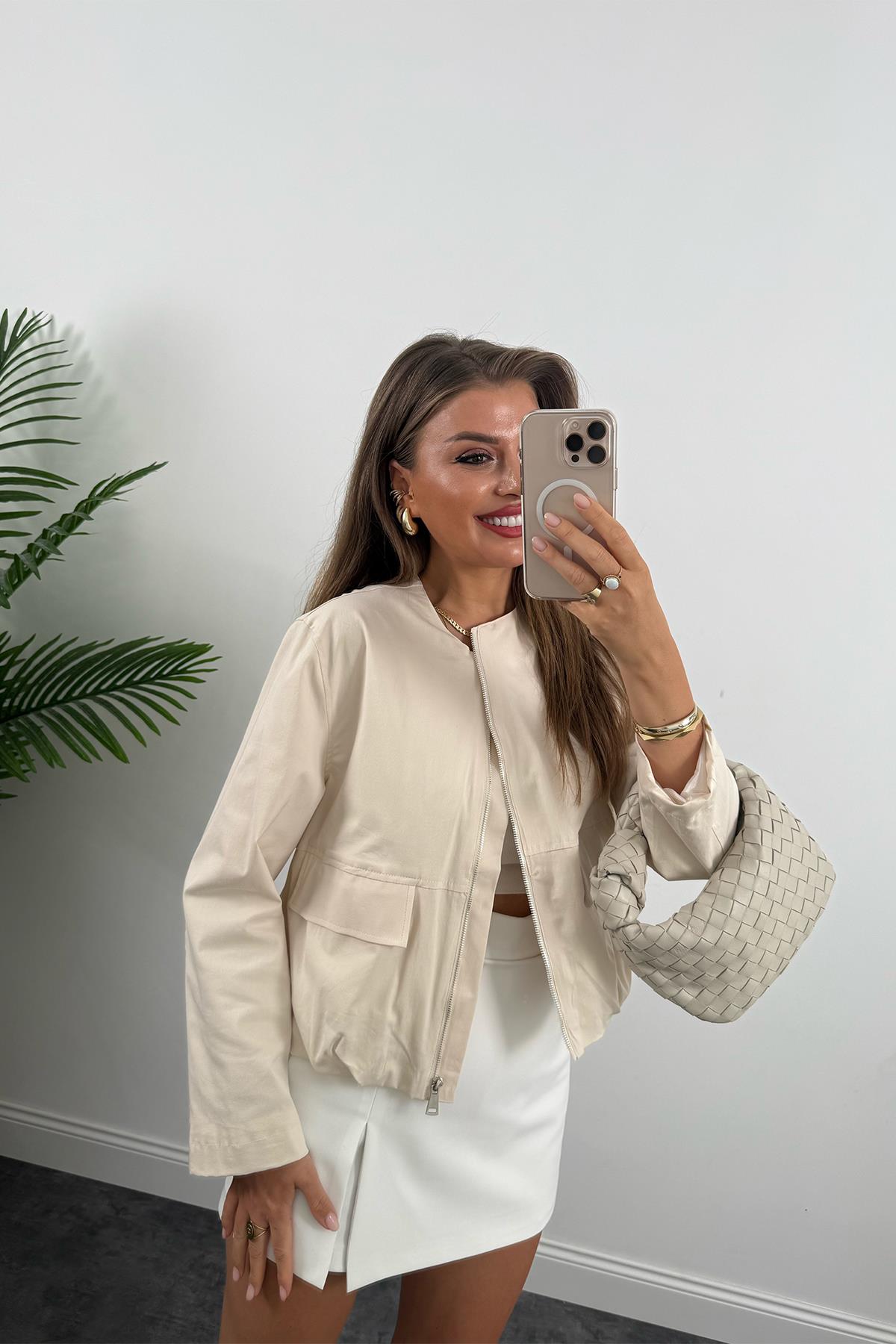 Massi Model Pamuk Gabardin Eteği Büzgülü Bomber Ceket Taş