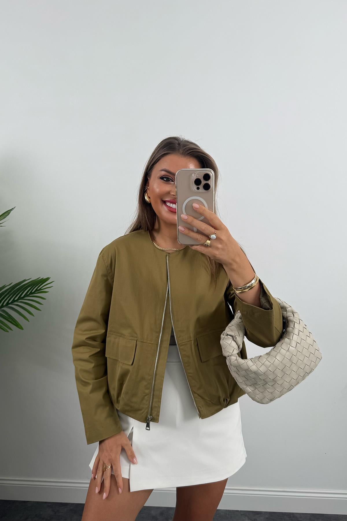 Massi Model Pamuk Gabardin Eteği Büzgülü Bomber Ceket Olive