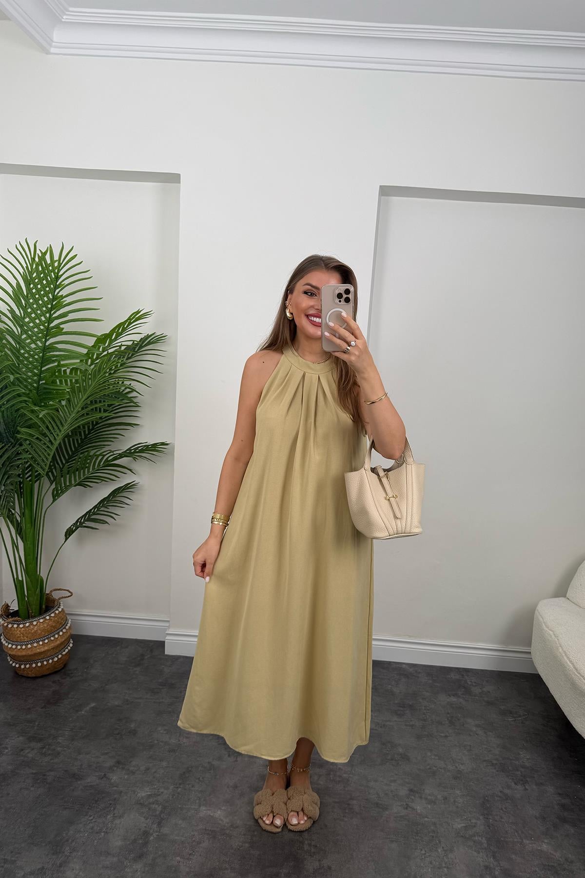 Massi Model Reklam Kol Salaş Keten Elbise Sarı