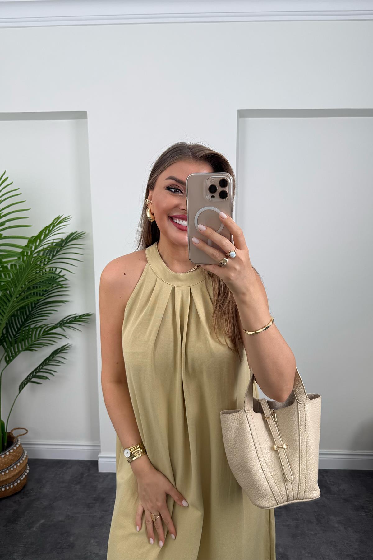 Massi Model Reklam Kol Salaş Keten Elbise Sarı