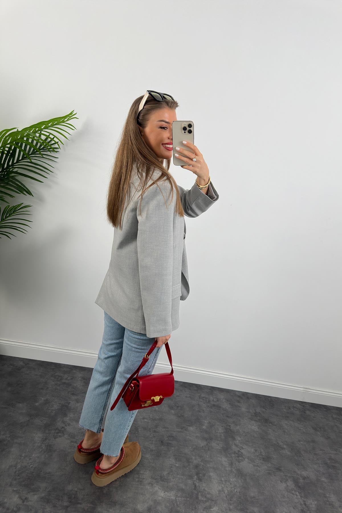 Massi Kumaş Premium Kalite Pinteres Blazer Bf Ceket Gri