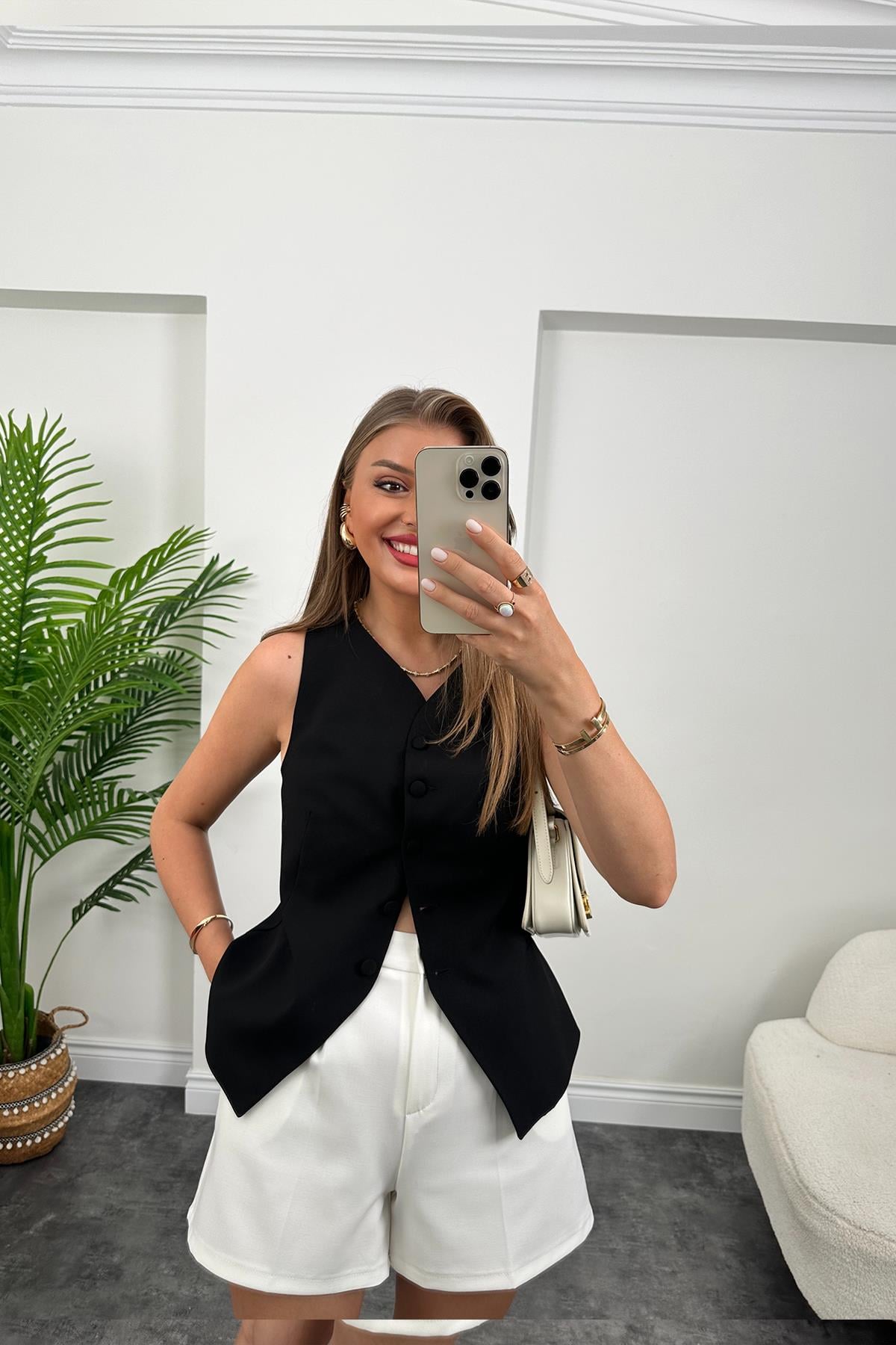 Massi Model İnce Keten Astarlı Yelek Siyah