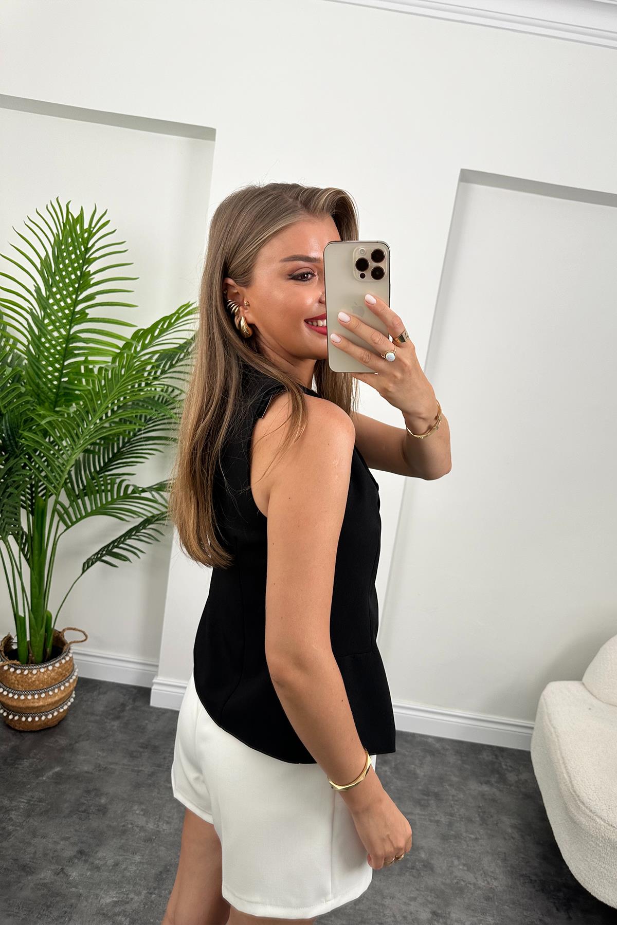 Massi Model İnce Keten Astarlı Yelek Siyah