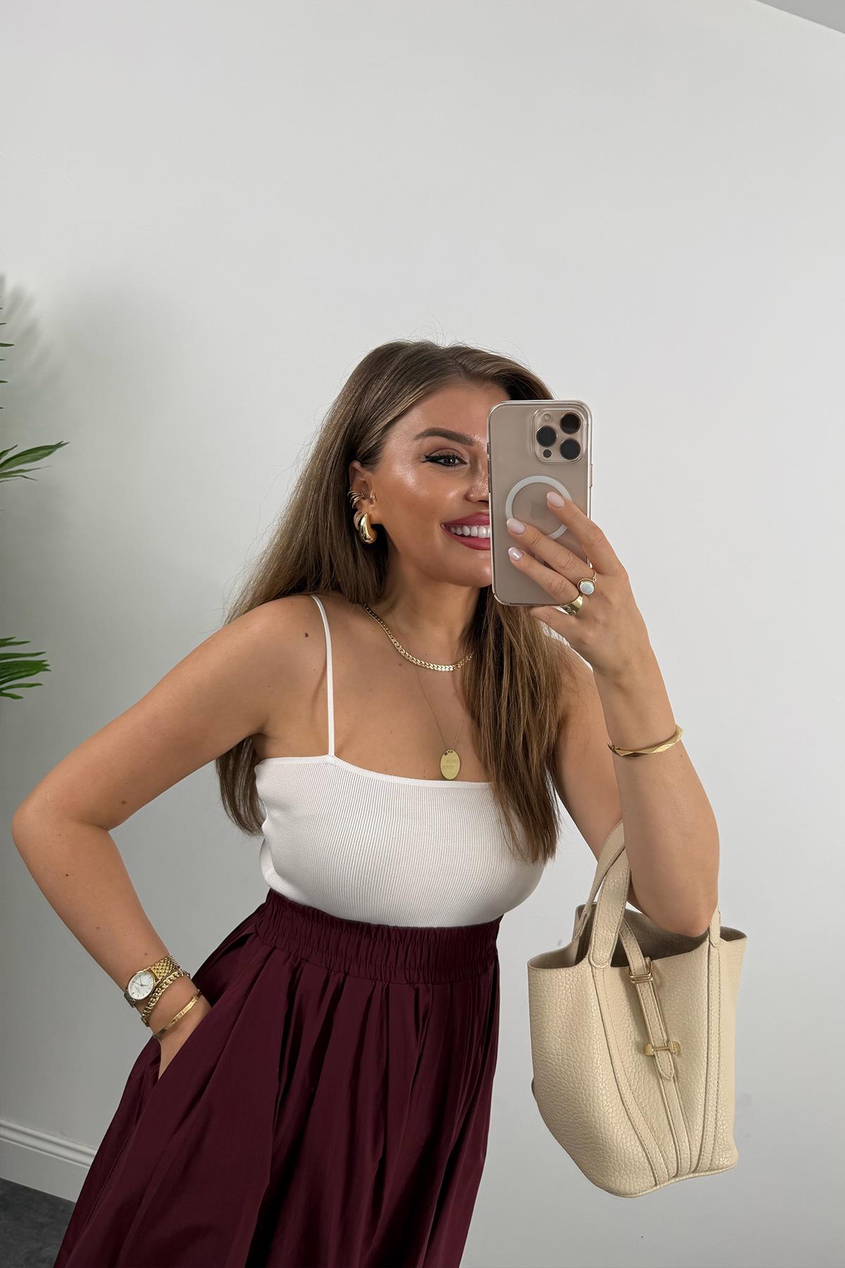 Maxi Boy Beli Kalın Lastikli Basic Kloş Poplin Etek Bordo