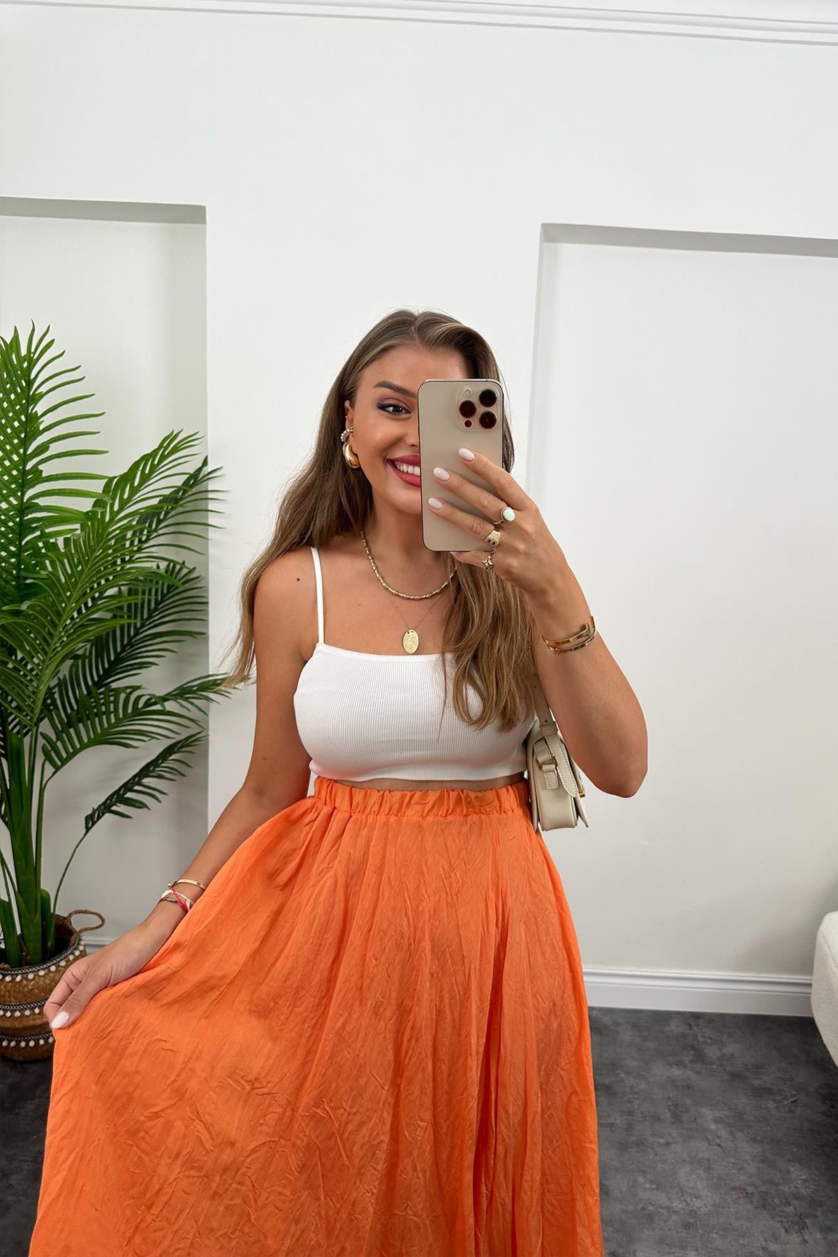 Maxi Boy Beli Lastikli Uçuş Etek Oranj