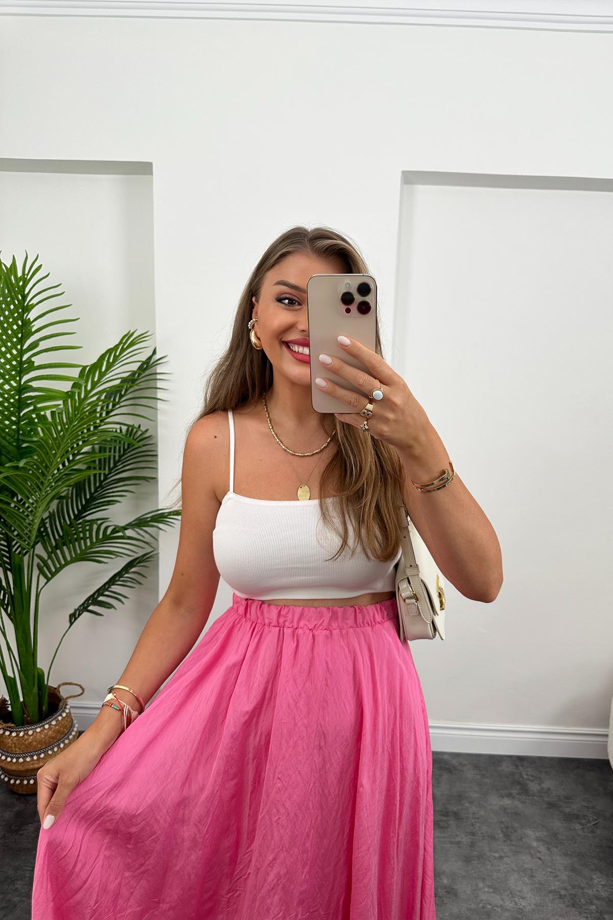 Maxi Boy Beli Lastikli Uçuş Etek Pembe