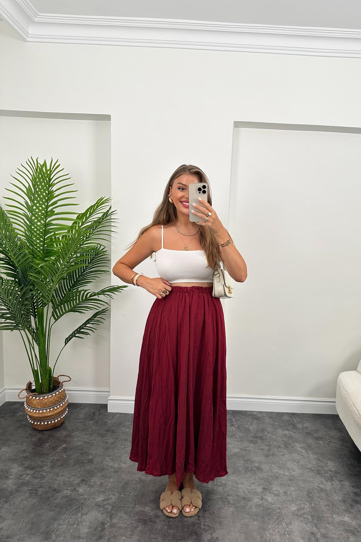 Maxi Boy Beli Lastikli Uçuş Etek Vişne