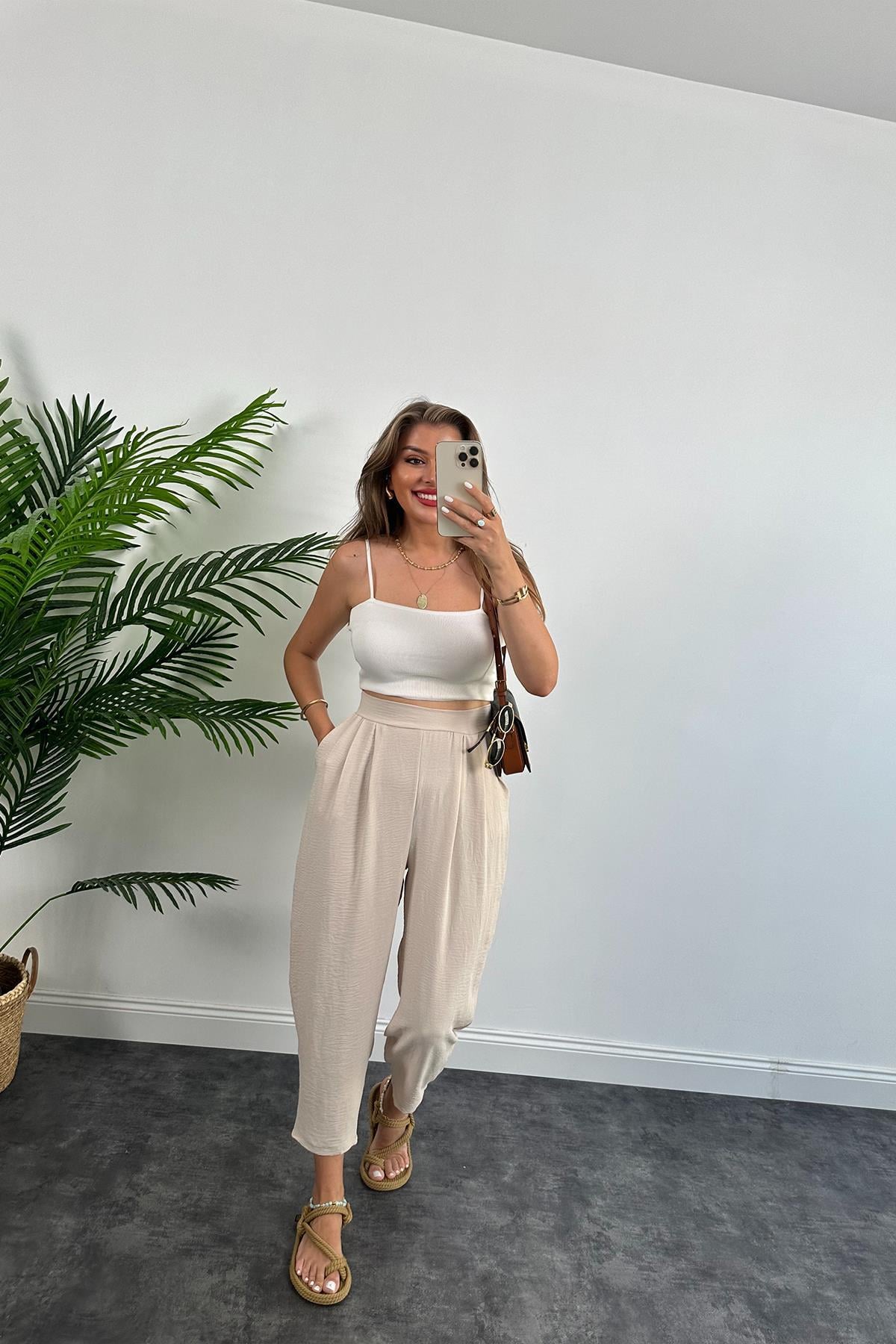 Meşhur Keten Aerobin Harem Pantolonumuz Taş 