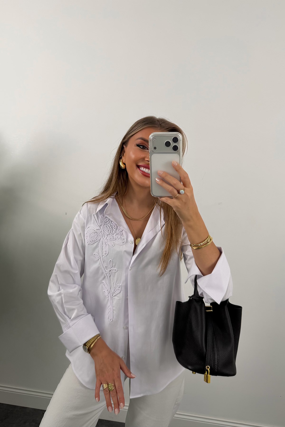 Mng Önü Nakışlı %100 Pamuk Poplin Gömlek Beyaz