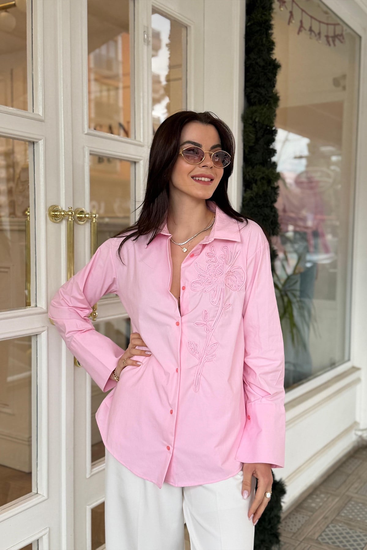 Mng Önü Nakışlı %100 Pamuk Poplin Gömlek Pembe