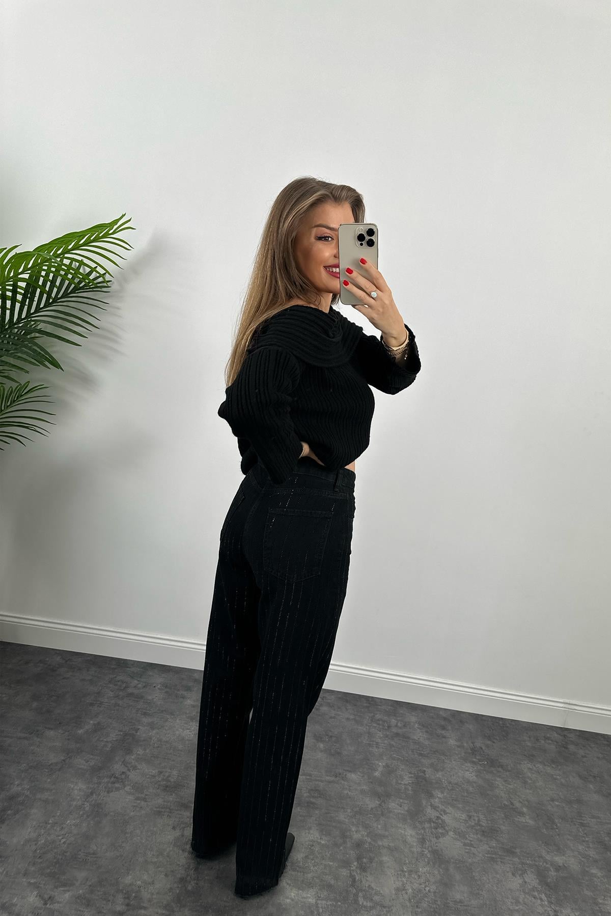 Orjinal Marka Zra Taşlı Tasarım Palazzo Jean Siyah
