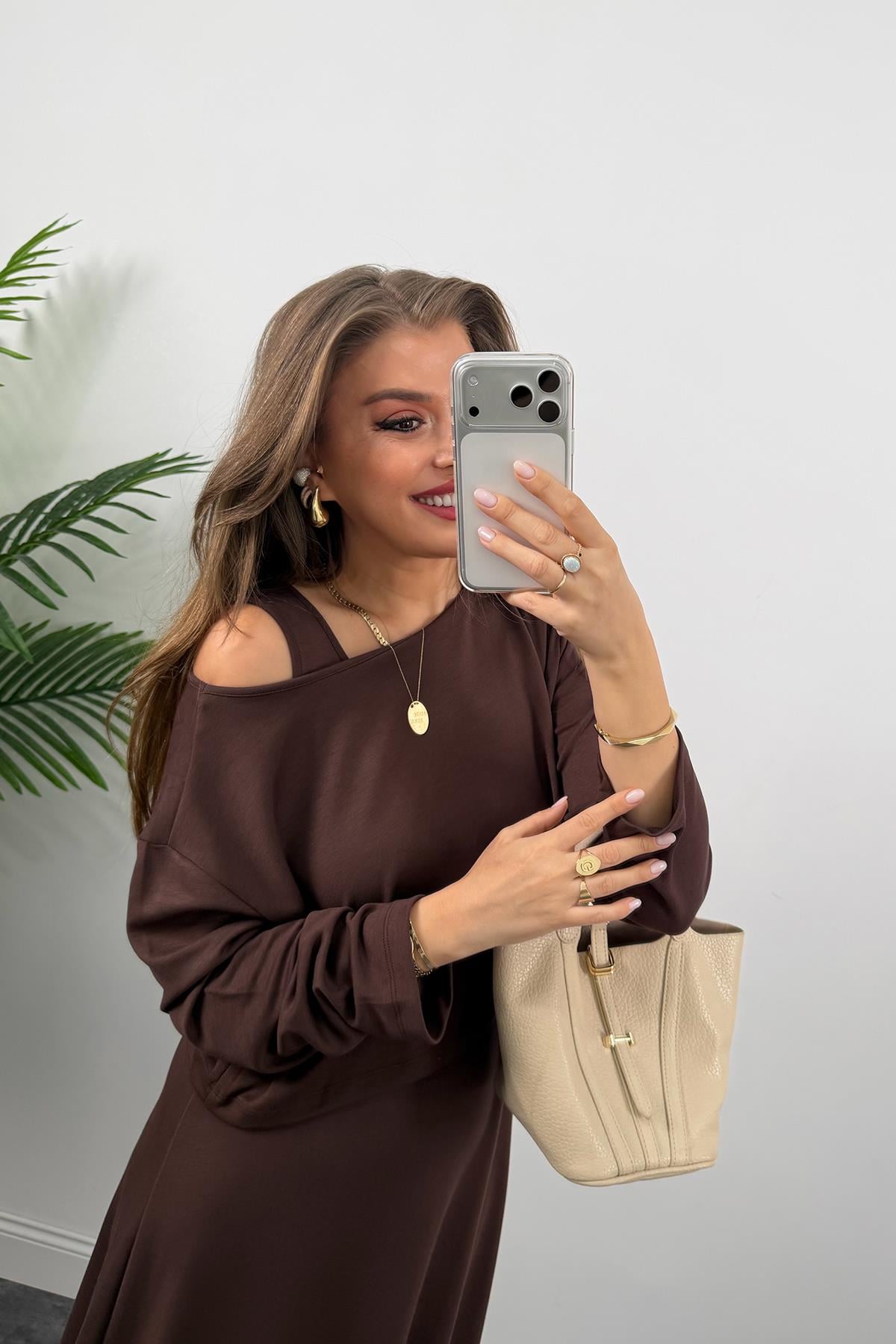 Oysh Kumaş Elbise Bluz Likralı Takım Acı Kahve