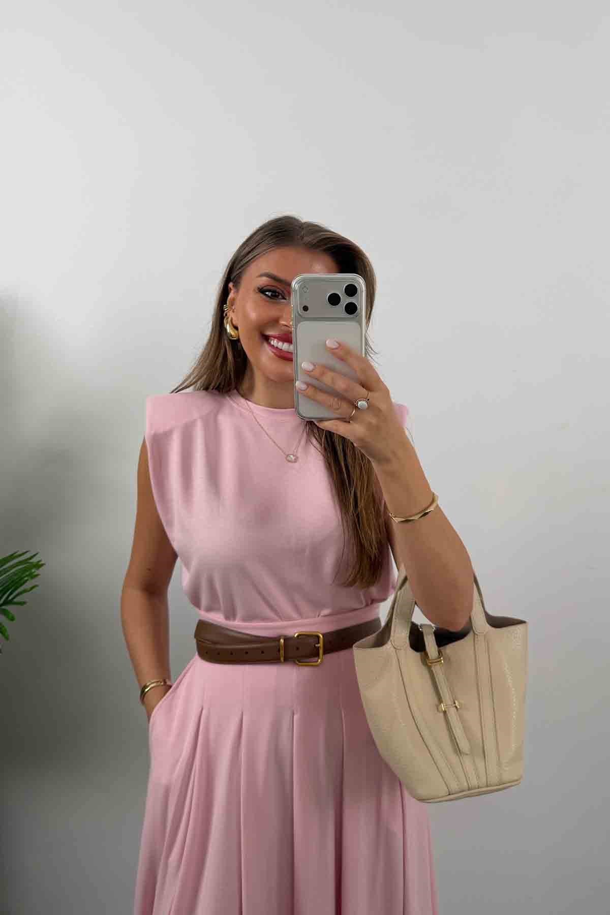 Oysh Kumaş Vatkalı Etek Bluz Takım Pembe