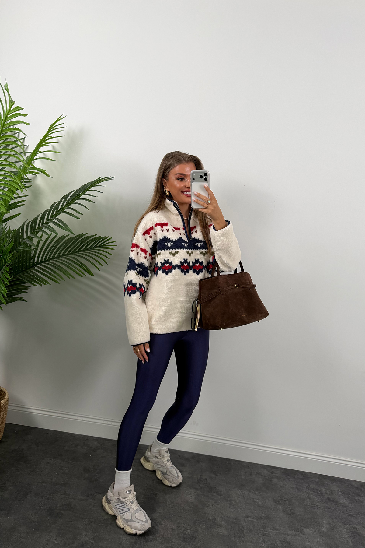 Oysh Model Lacivert Retro Desenli Polar Sweat
