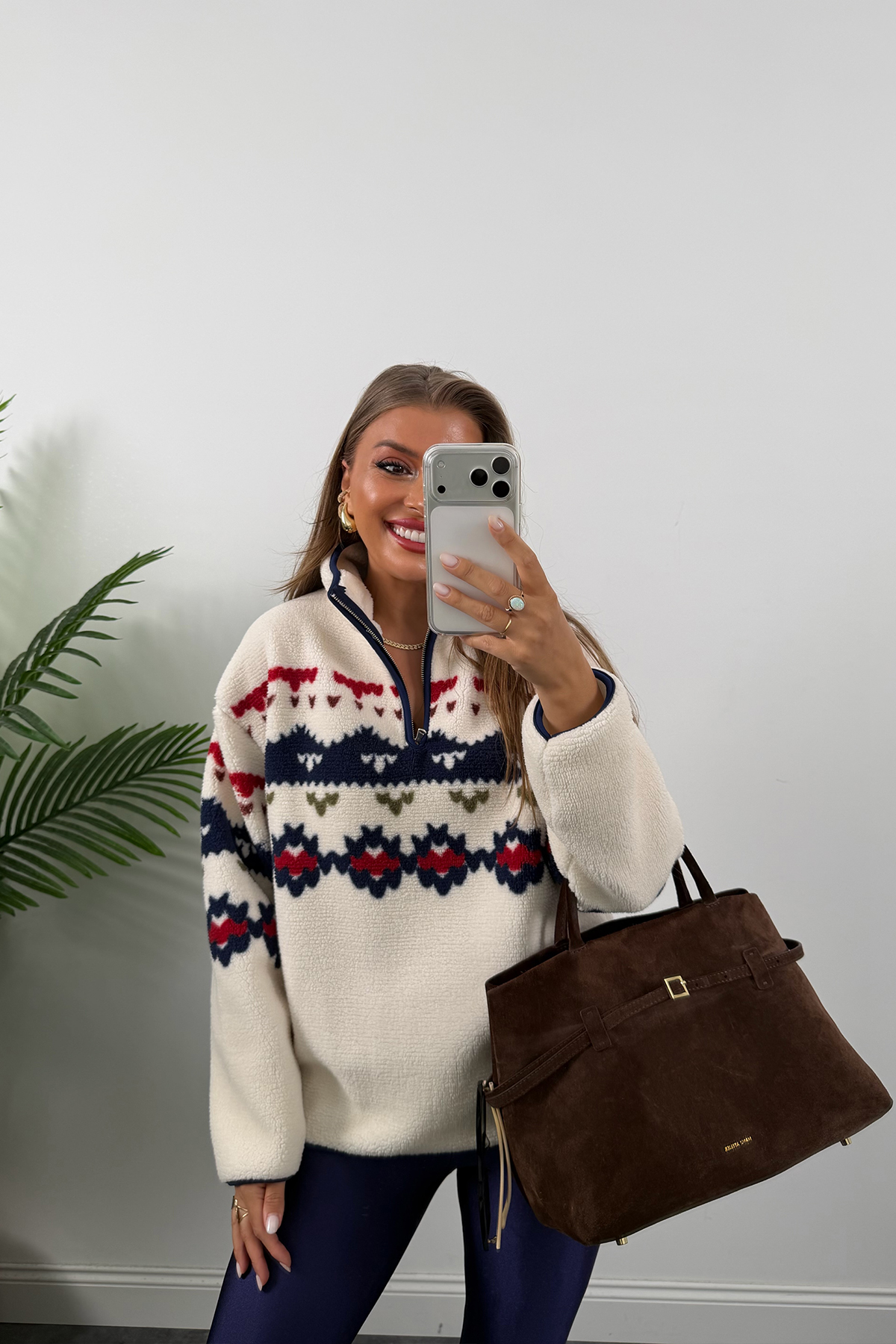 Oysh Model Lacivert Retro Desenli Polar Sweat