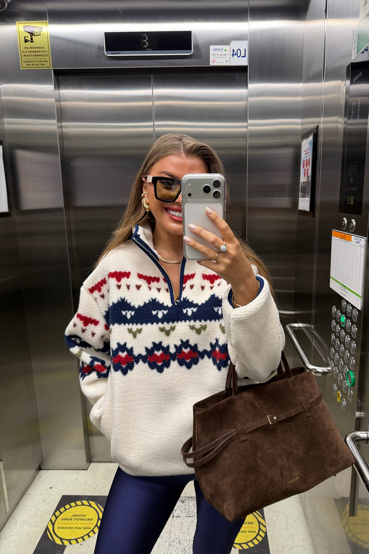 Oysh Model Lacivert Retro Desenli Polar Sweat