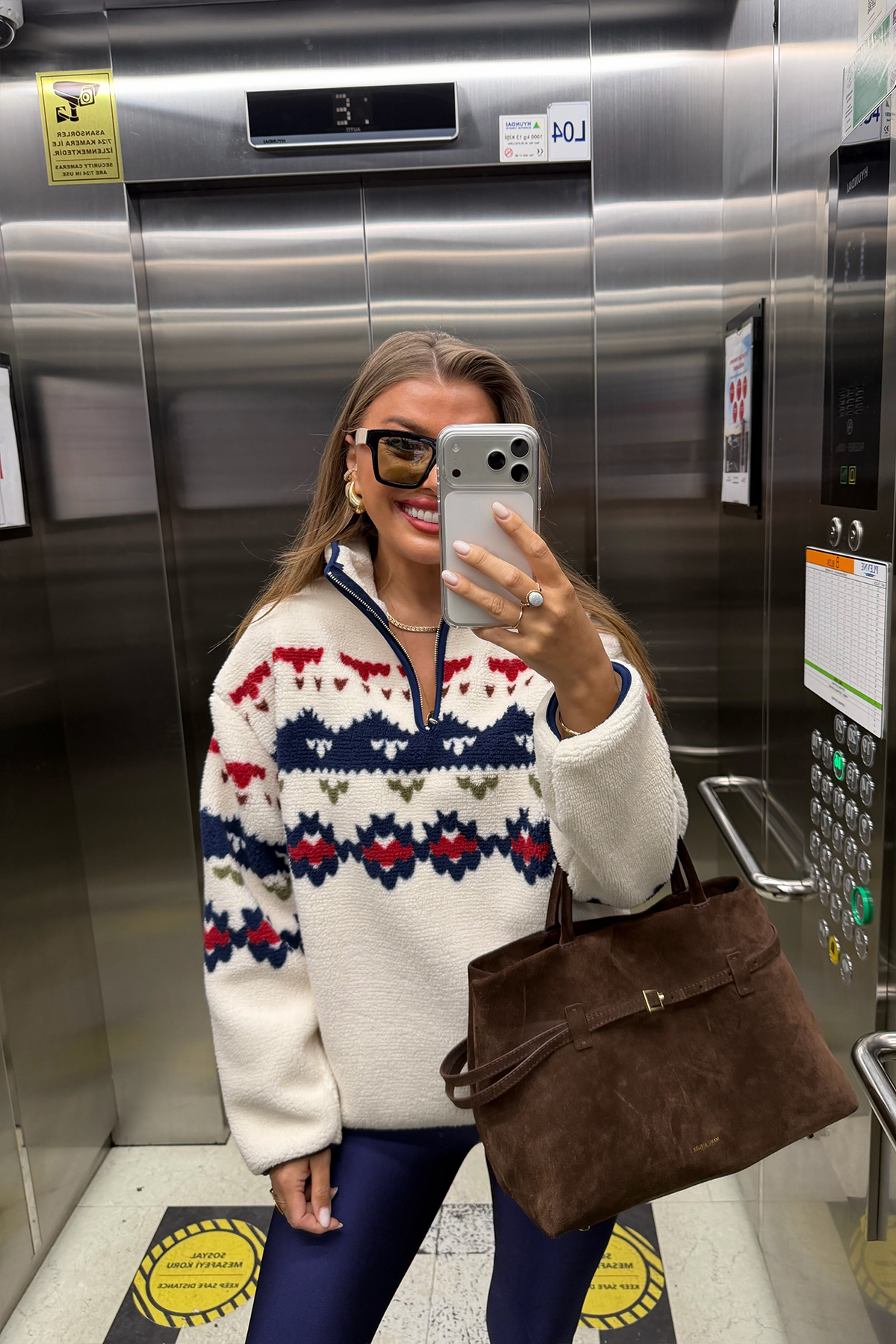 Oysh Model Lacivert Retro Desenli Polar Sweat