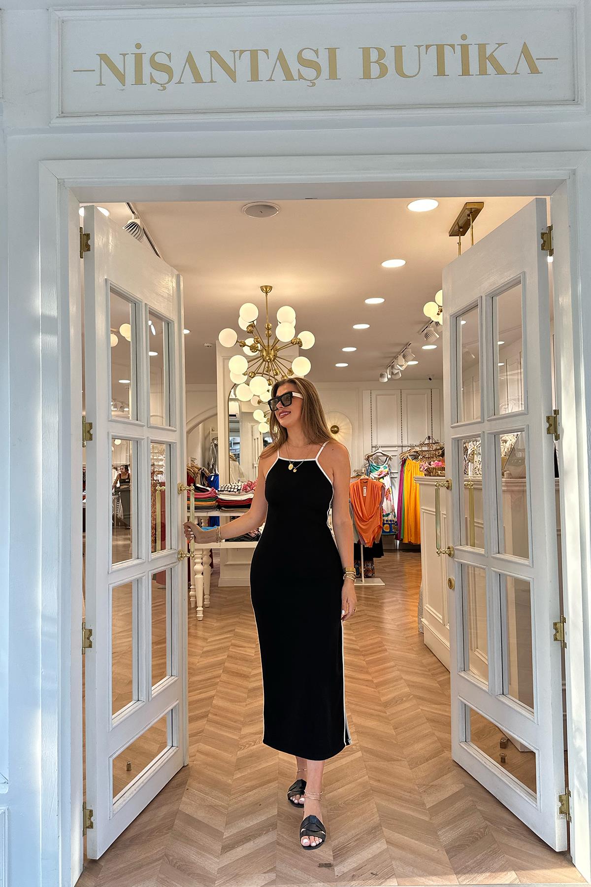 Özel Seri Ottoman Kumaş Biyeli İp Askılı Maxi Elbise