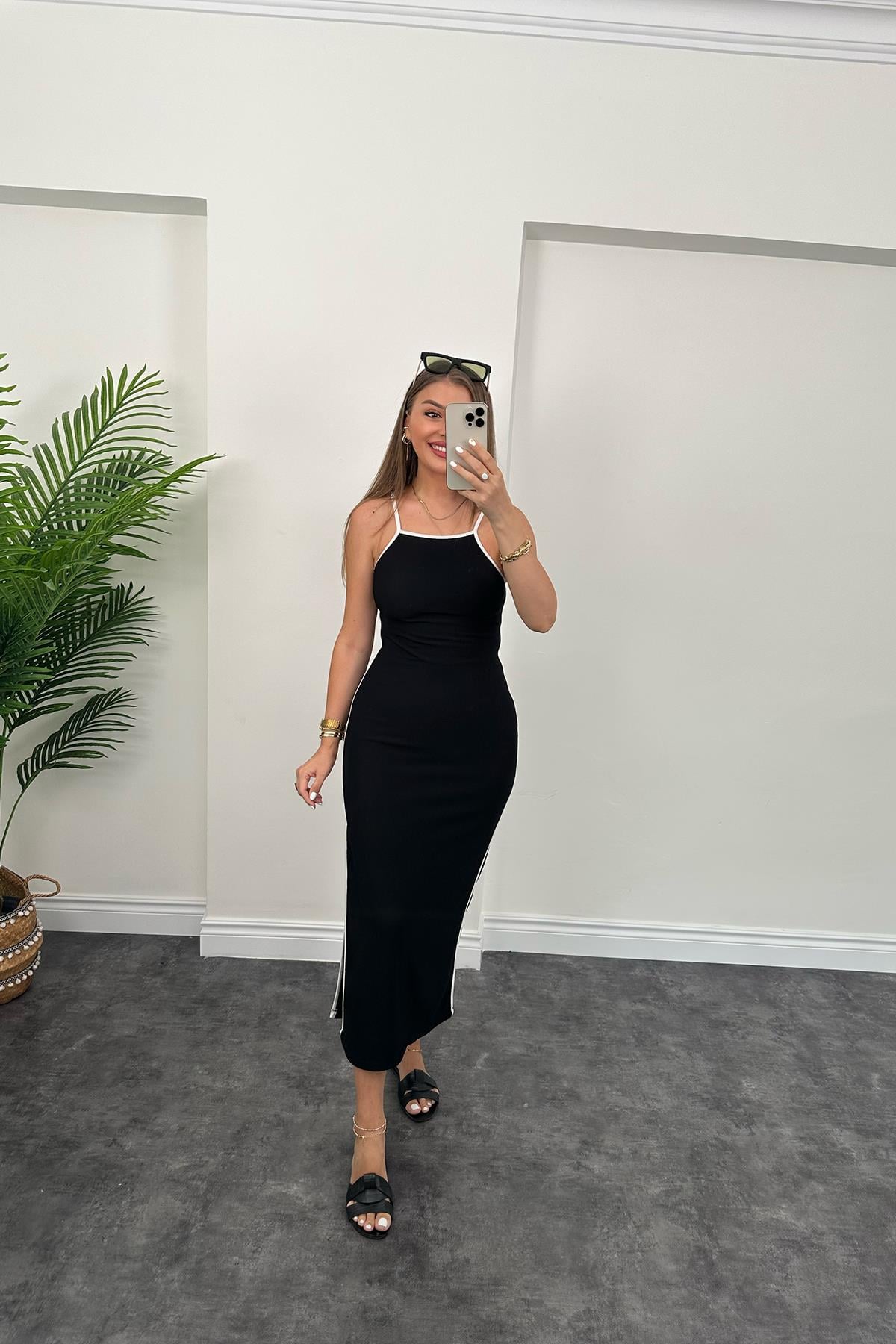 Özel Seri Ottoman Kumaş Biyeli İp Askılı Maxi Elbise