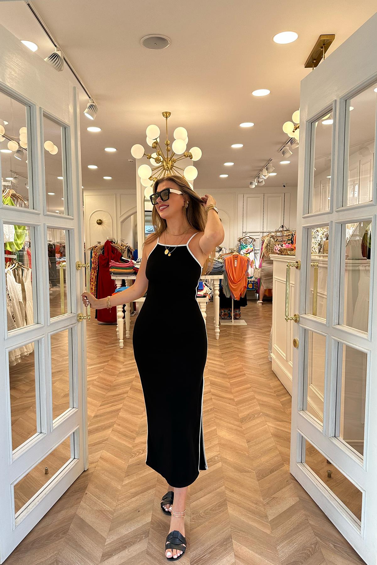 Özel Seri Ottoman Kumaş Biyeli İp Askılı Maxi Elbise